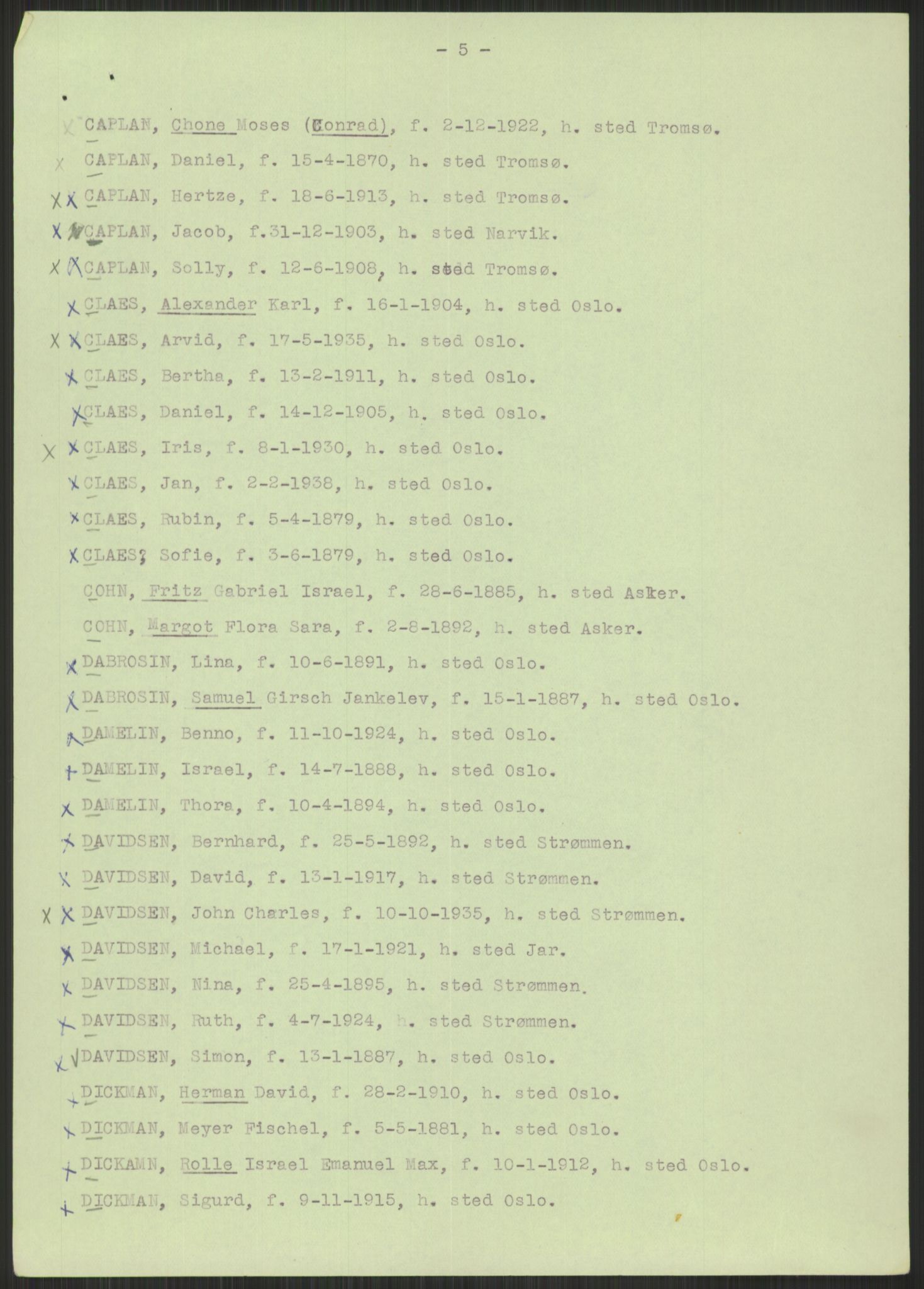 Sosialdepartementet, Våre Falne, AV/RA-S-1708/E/Ee/L0197/0004: -- / Alfabetisk liste over omkomne jøder (1947), 1947, p. 9