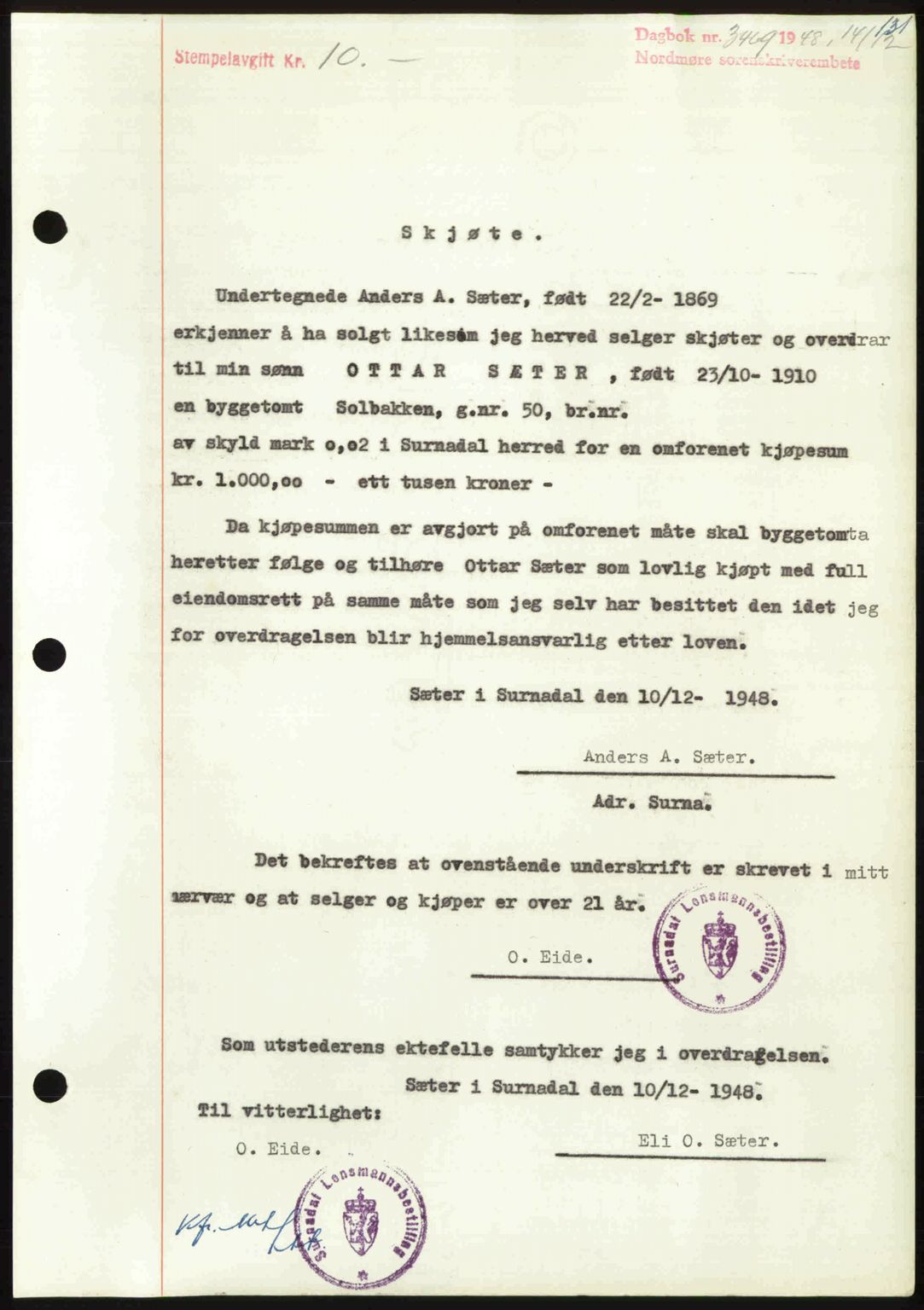 Nordmøre sorenskriveri, AV/SAT-A-4132/1/2/2Ca: Mortgage book no. A110, 1948-1949, Diary no: : 3469/1948