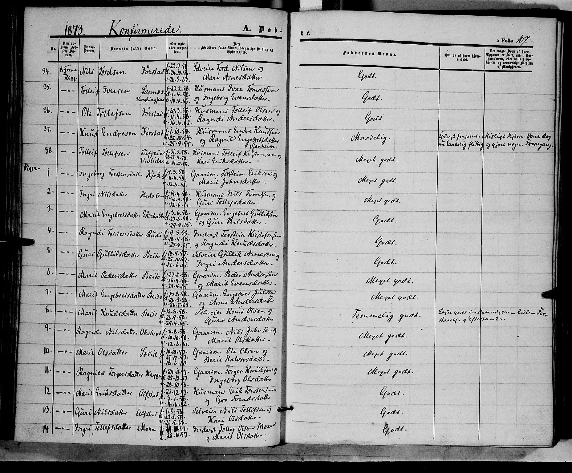 Øystre Slidre prestekontor, AV/SAH-PREST-138/H/Ha/Haa/L0001: Parish register (official) no. 1, 1849-1874, p. 107