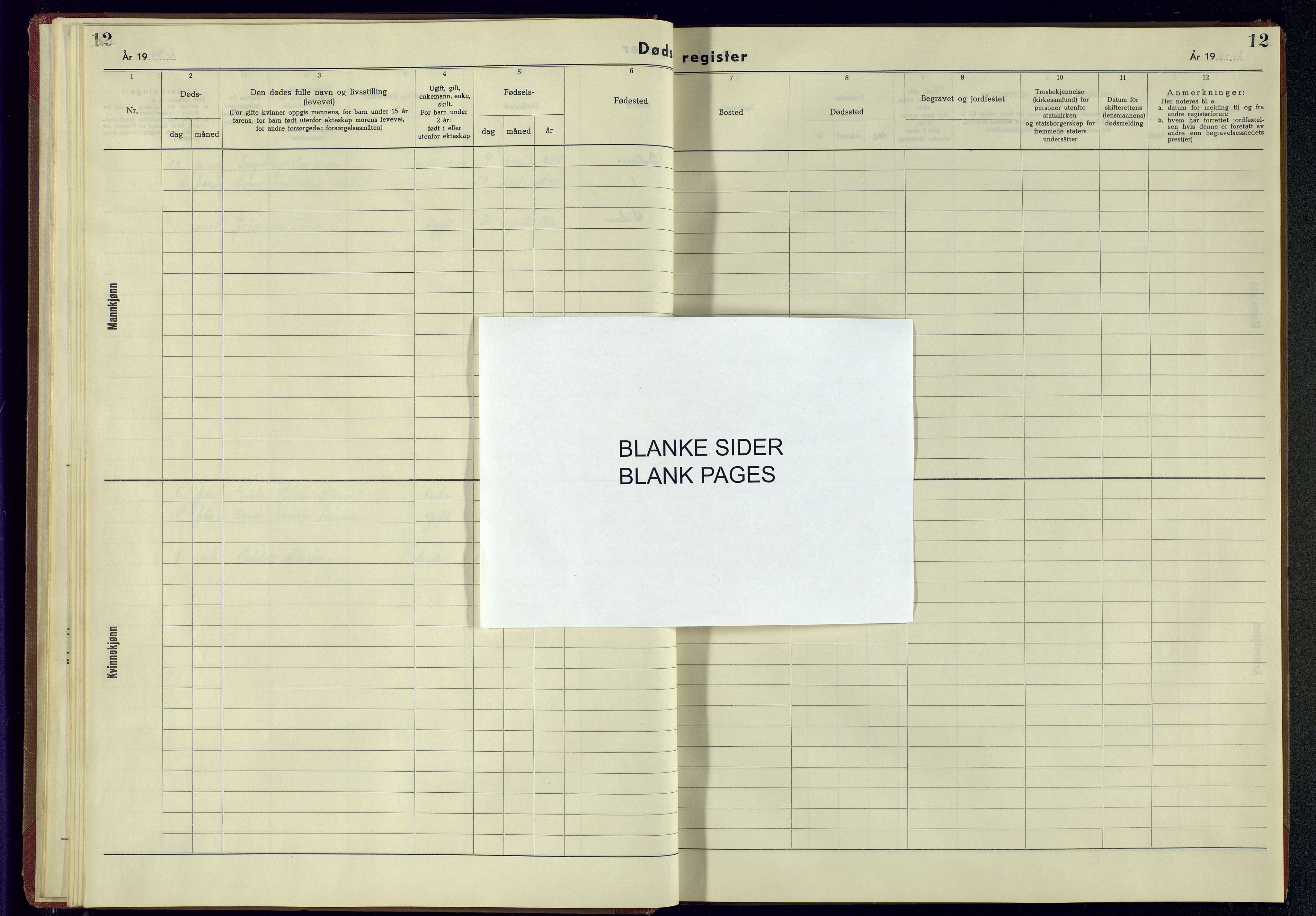 Birkenes sokneprestkontor, AV/SAK-1111-0004/J/Jb/L0003: II.6.3 - Dødsfallsregister, 1943-1955, p. 12