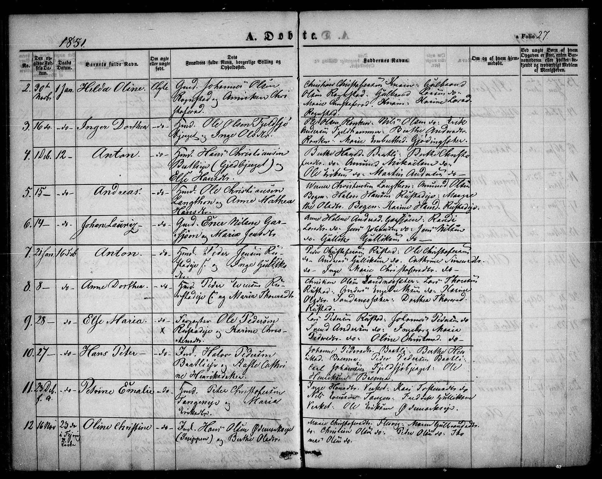 Hurdal prestekontor Kirkebøker, AV/SAO-A-10889/F/Fa/L0005: Parish register (official) no. I 5, 1846-1859, p. 27