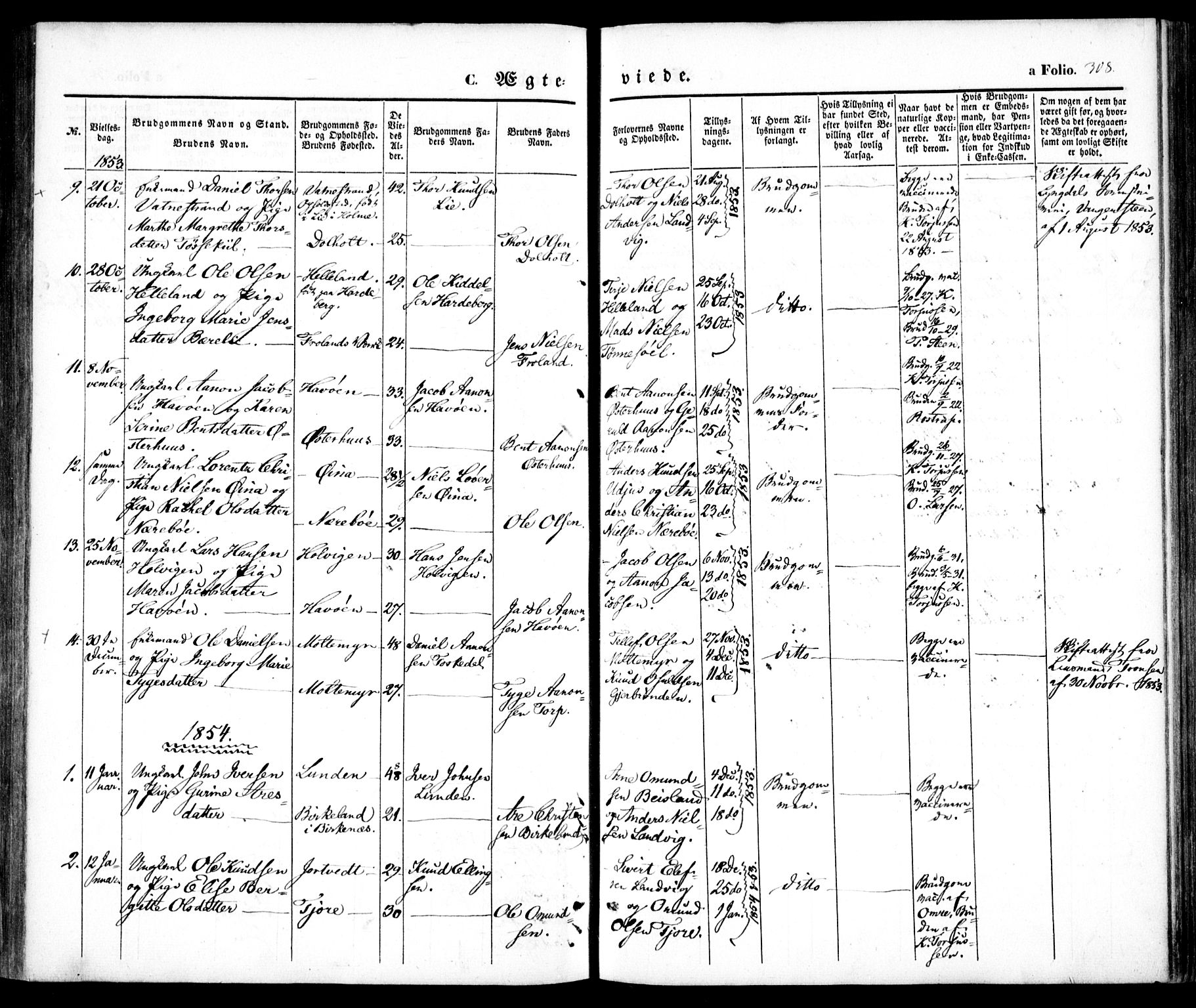Hommedal sokneprestkontor, SAK/1111-0023/F/Fa/Fab/L0004: Parish register (official) no. A 4, 1848-1860, p. 308