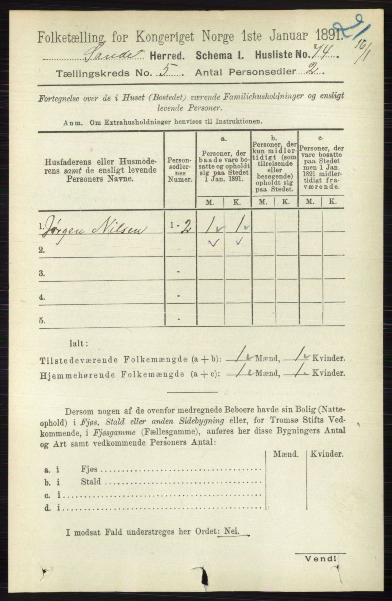 RA, 1891 census for 0713 Sande, 1891, p. 2133