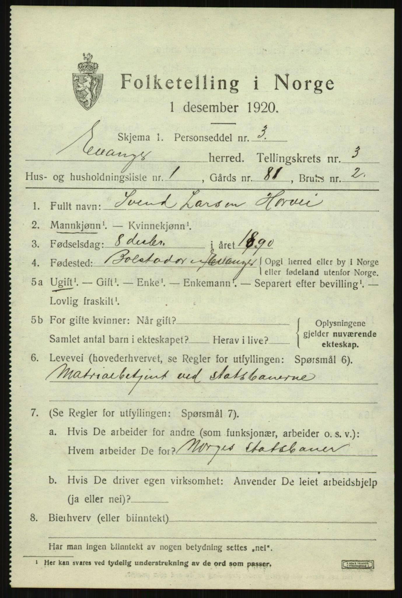 SAB, 1920 census for Evanger, 1920, p. 1039