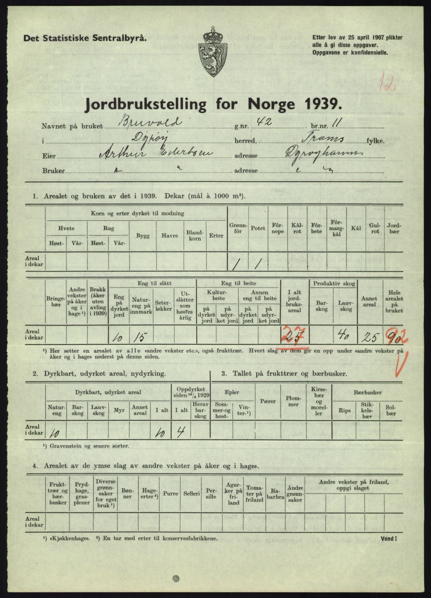 Statistisk sentralbyrå, Næringsøkonomiske emner, Jordbruk, skogbruk, jakt, fiske og fangst, AV/RA-S-2234/G/Gb/L0340: Troms: Salangen og Dyrøy, 1939, p. 1076