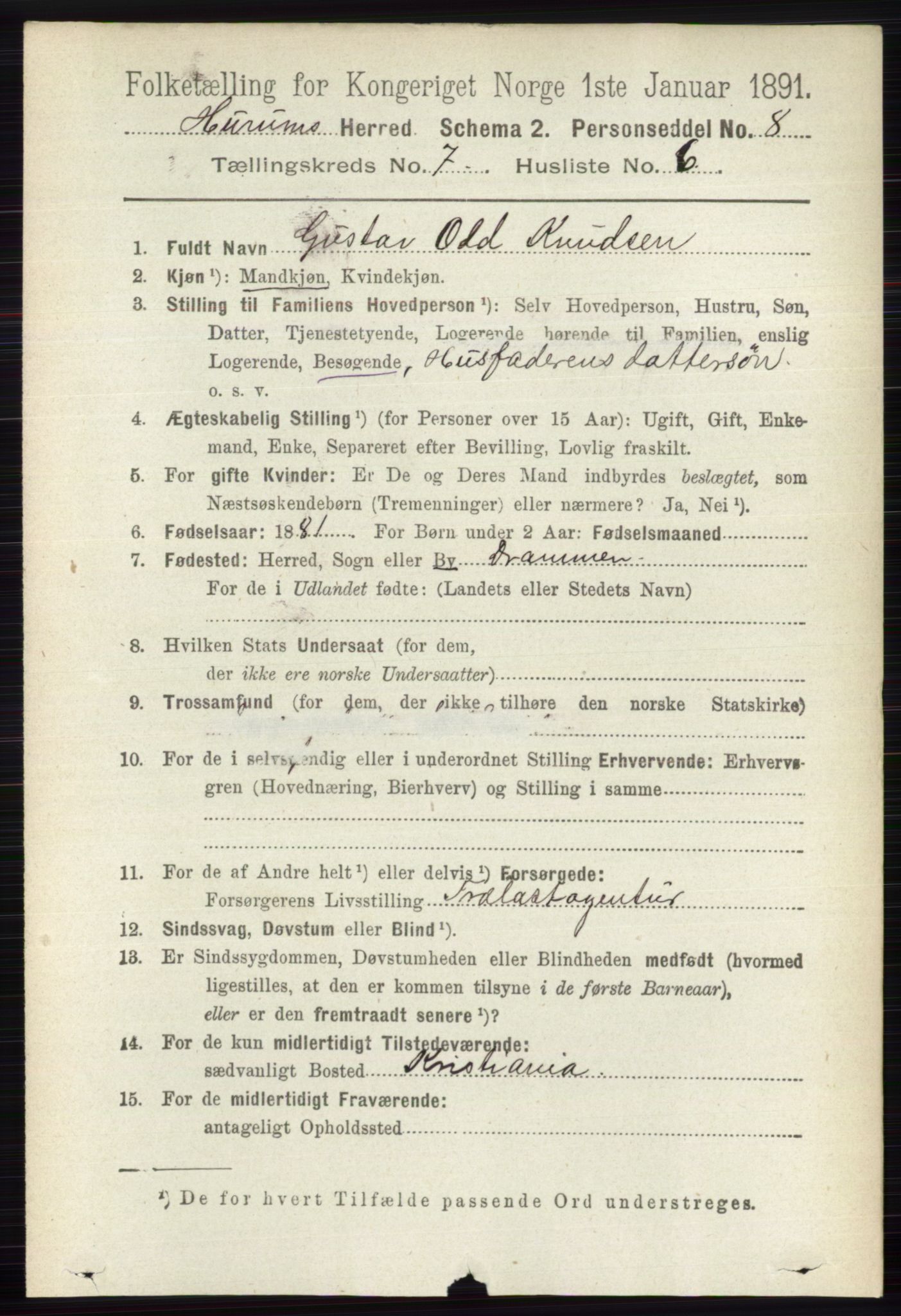 RA, 1891 census for 0628 Hurum, 1891, p. 2318