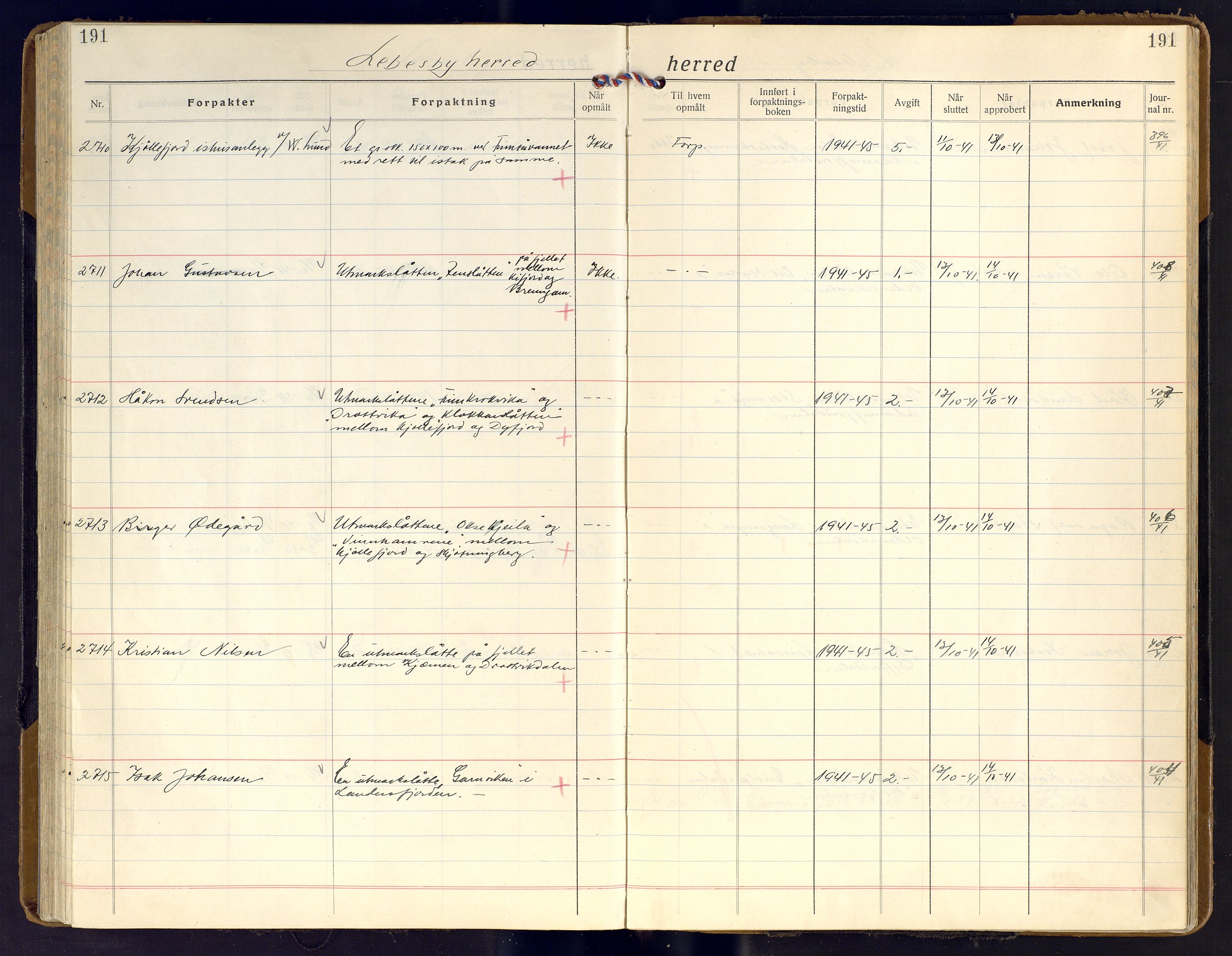 Finnmark jordsalgskommisjon/jordsalgskontor og Statskog SF Finnmark jordsalgskontor, AV/SATØ-S-1443/J/Ja/L0011: Forpaktningsbok for Finnmark II, 1921-1948, p. 191