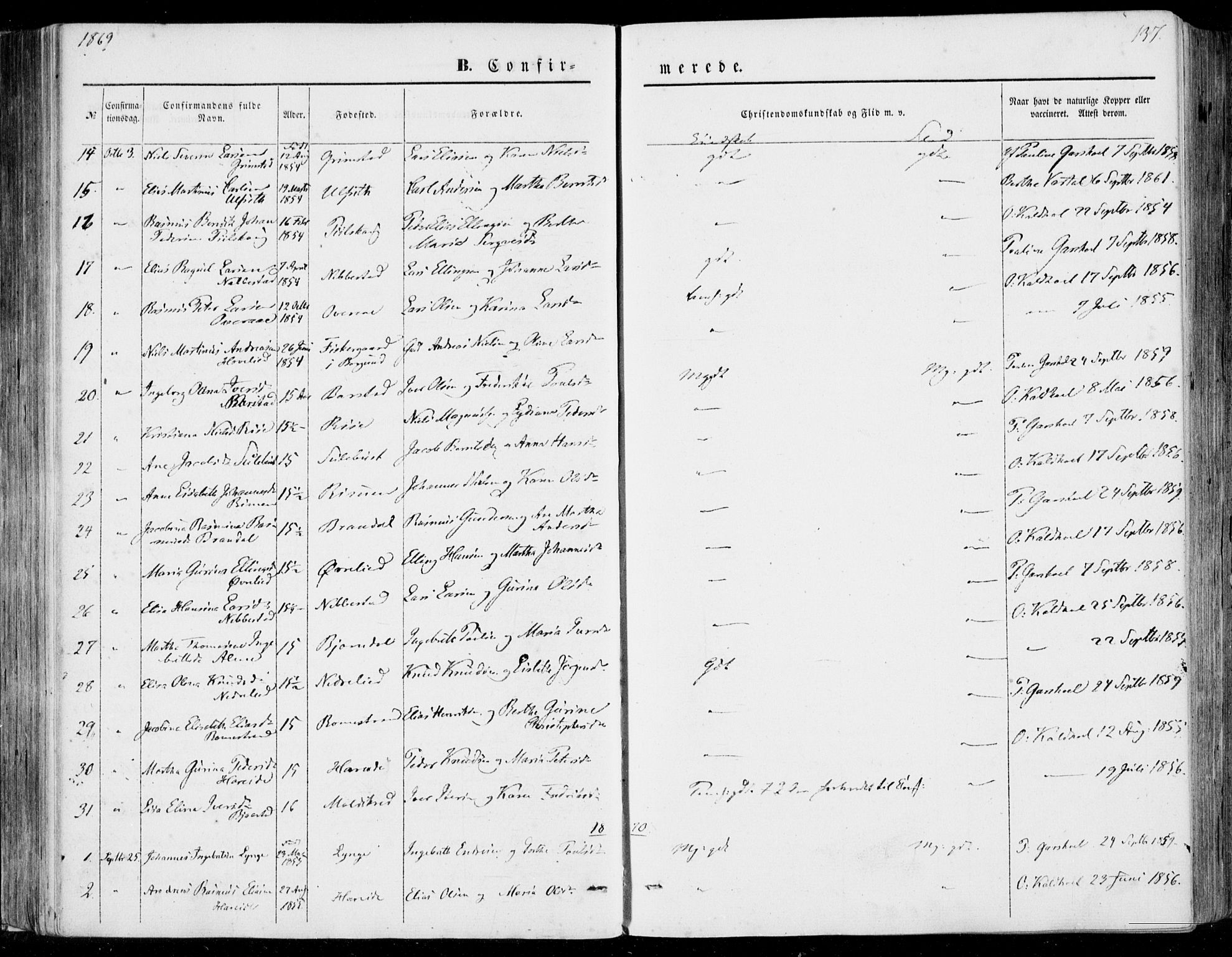 Ministerialprotokoller, klokkerbøker og fødselsregistre - Møre og Romsdal, SAT/A-1454/510/L0121: Parish register (official) no. 510A01, 1848-1877, p. 137