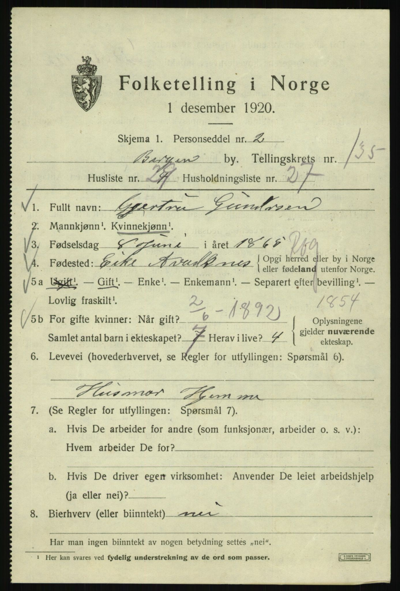 SAB, 1920 census for Bergen, 1920, p. 226752