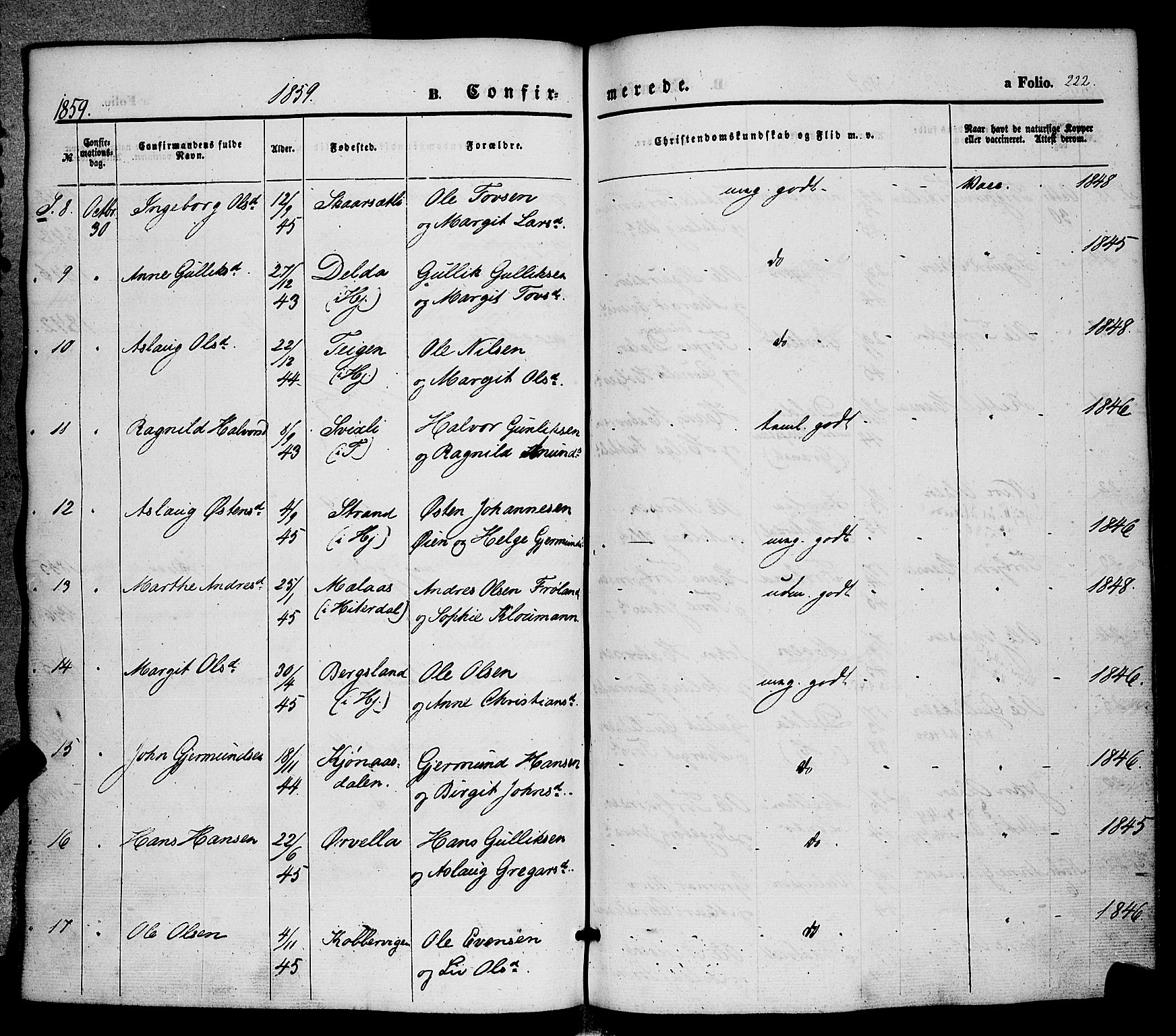 Hjartdal kirkebøker, SAKO/A-270/F/Fa/L0008: Parish register (official) no. I 8, 1844-1859, p. 222