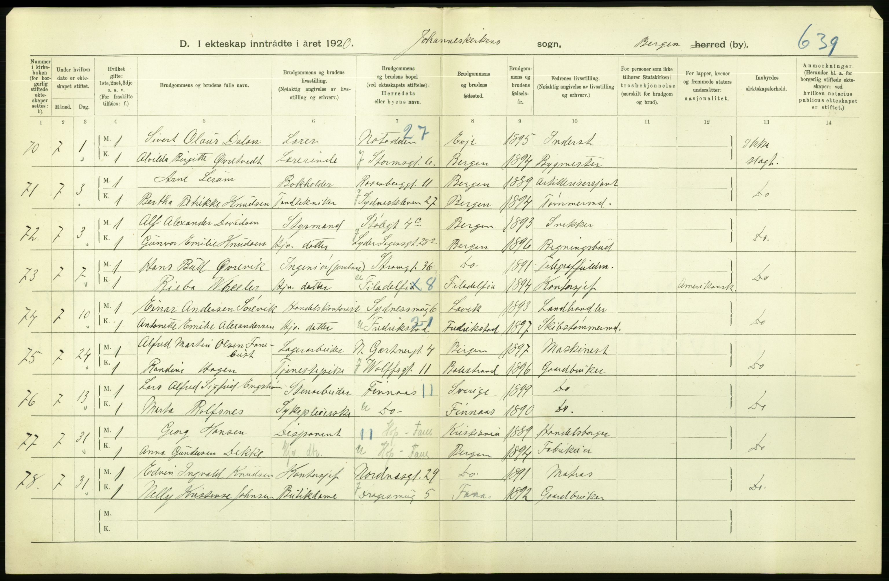 Statistisk sentralbyrå, Sosiodemografiske emner, Befolkning, AV/RA-S-2228/D/Df/Dfb/Dfbj/L0042: Bergen: Gifte, døde, dødfødte., 1920, p. 168