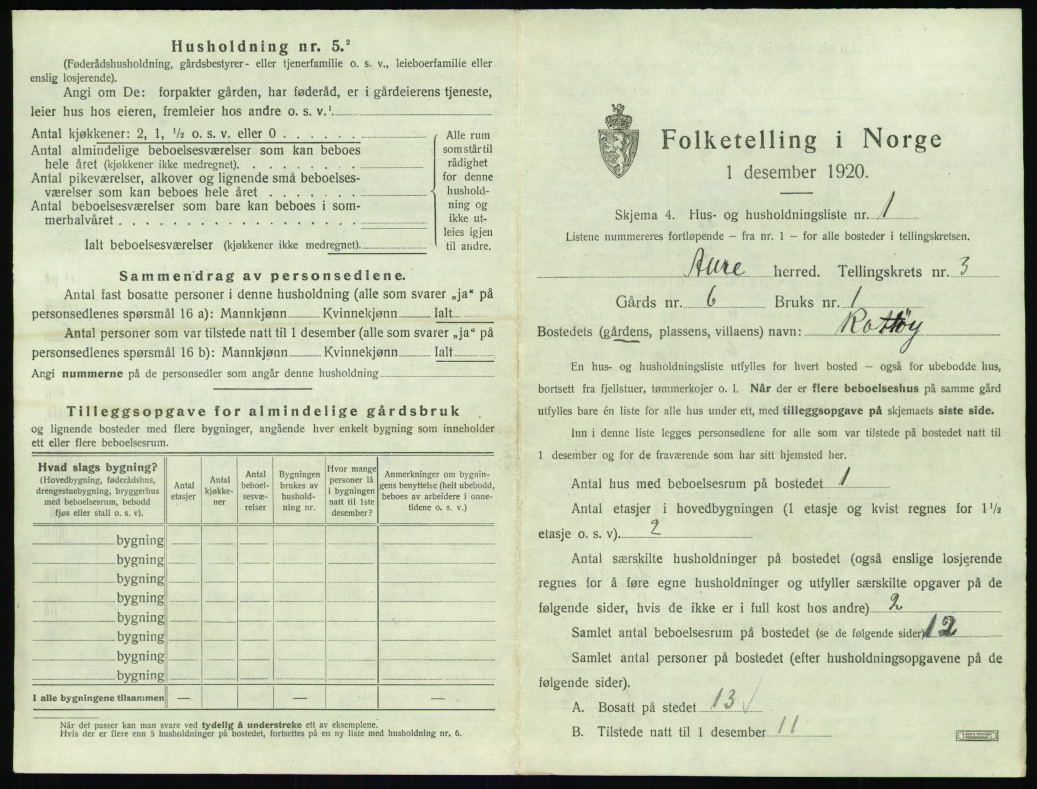 SAT, 1920 census for Aure, 1920, p. 180