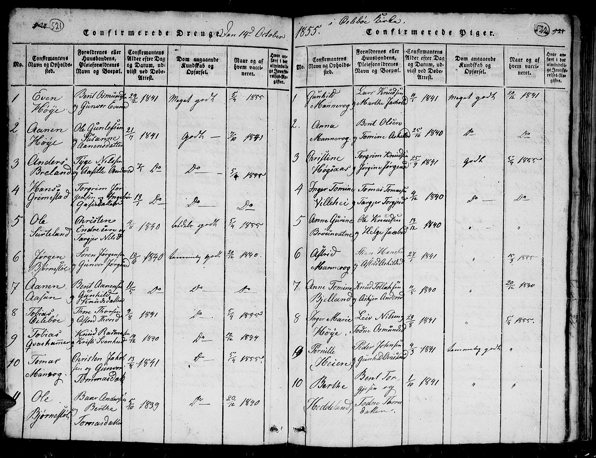 Holum sokneprestkontor, AV/SAK-1111-0022/F/Fb/Fbc/L0001: Parish register (copy) no. B 1, 1820-1859, p. 521-522