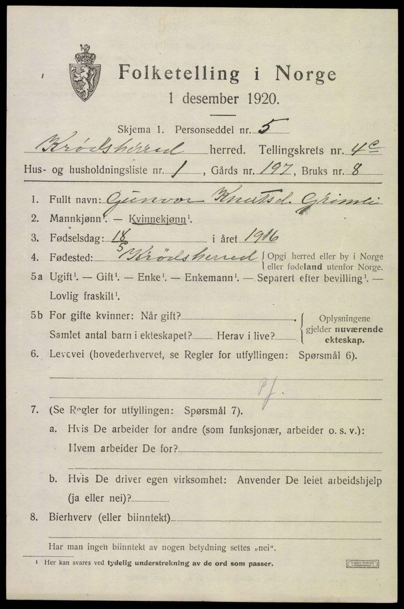 SAKO, 1920 census for Krødsherad, 1920, p. 5243