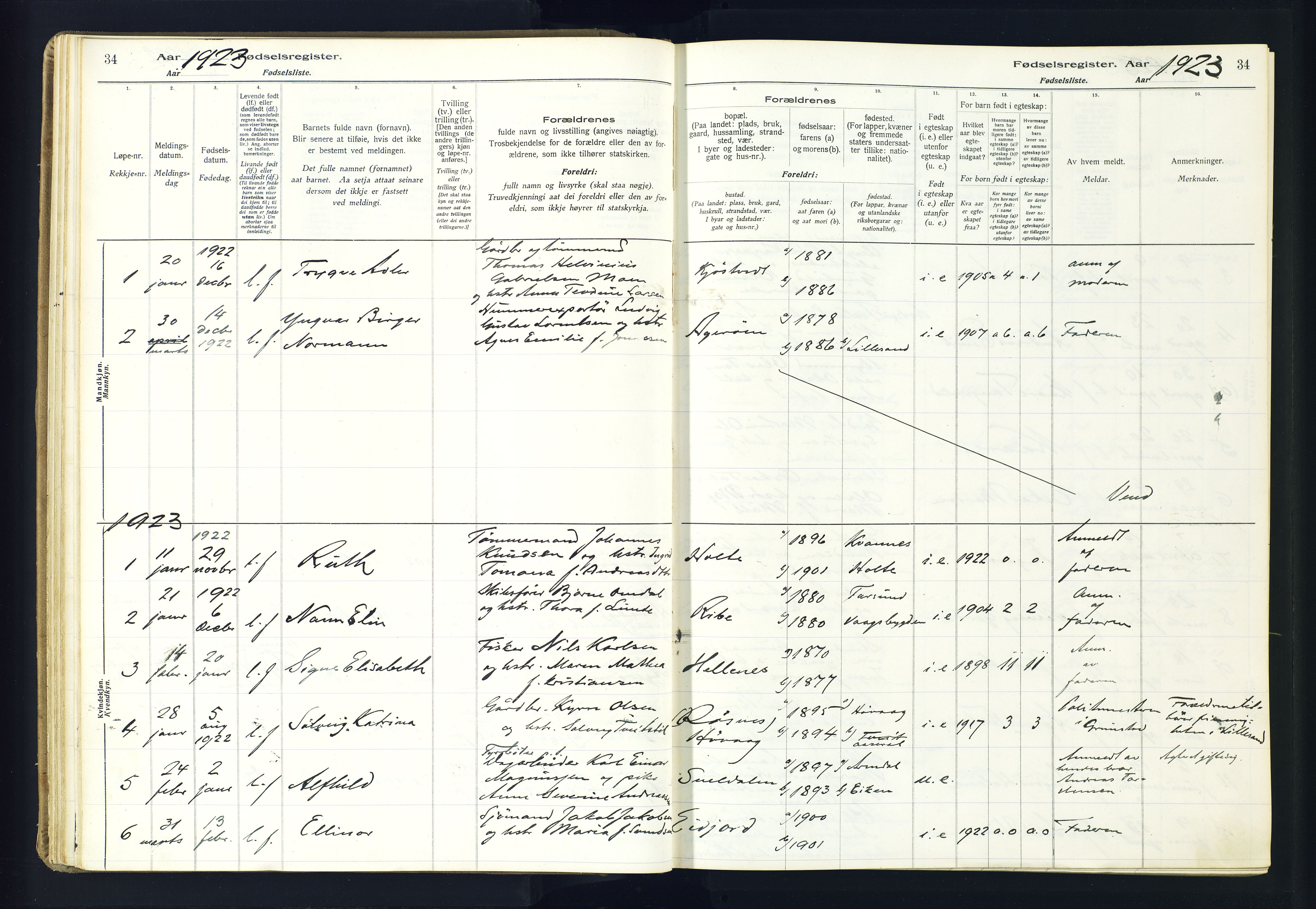 Høvåg sokneprestkontor, AV/SAK-1111-0025/J/Ja/L0001: Birth register no. II.4.2, 1916-1982, p. 34