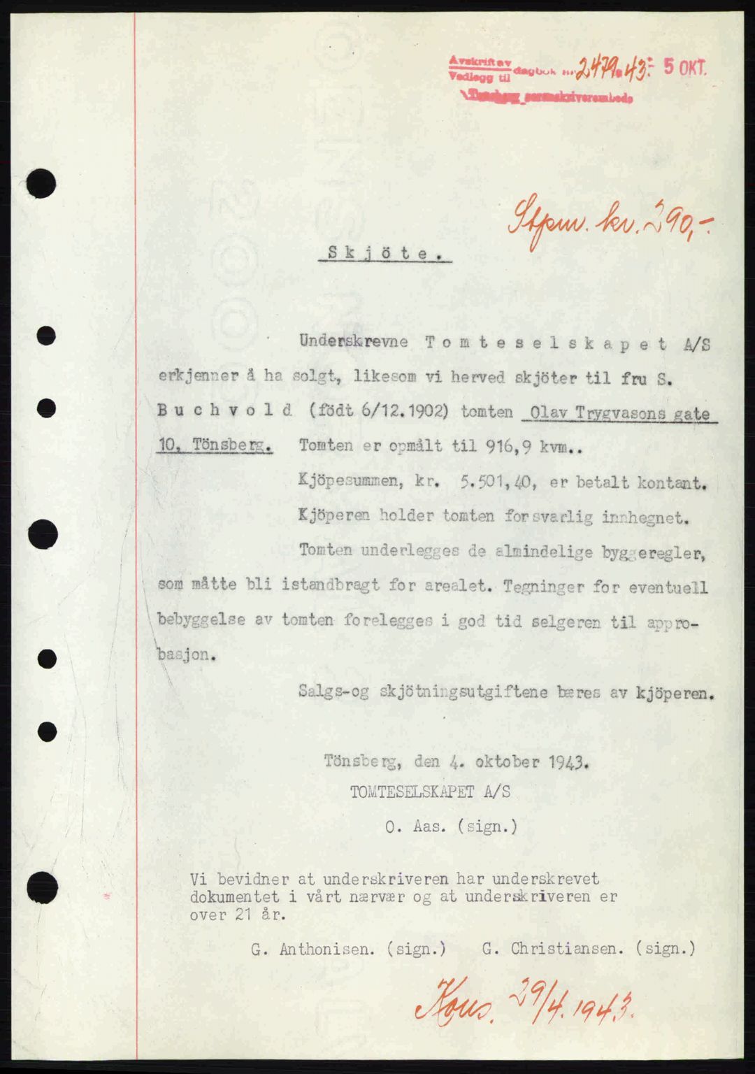 Tønsberg sorenskriveri, AV/SAKO-A-130/G/Ga/Gaa/L0014: Mortgage book no. A14, 1943-1944, Diary no: : 2479/1943