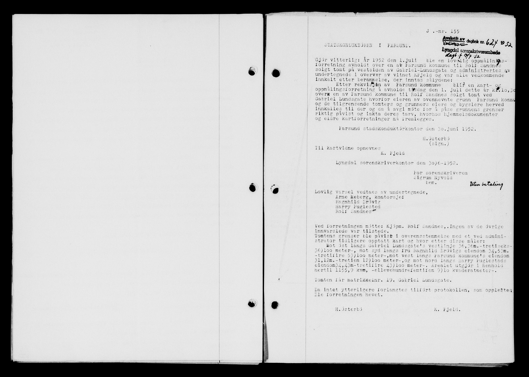 Lyngdal sorenskriveri, AV/SAK-1221-0004/G/Gb/L0667: Mortgage book no. A XIII, 1951-1952, Diary no: : 624/1952