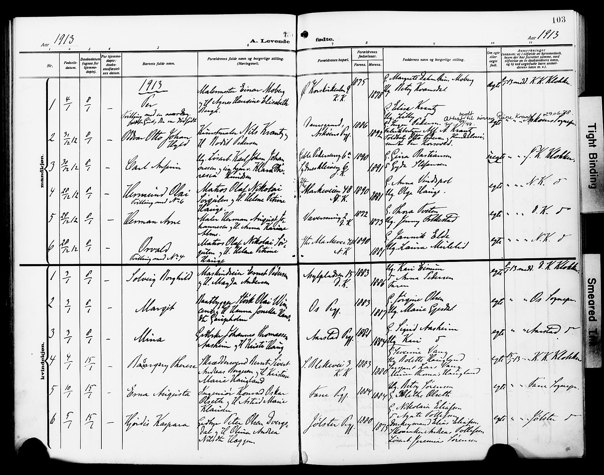 Fødselsstiftelsens sokneprestembete*, SAB/-: Parish register (official) no. A 4, 1910-1918, p. 103