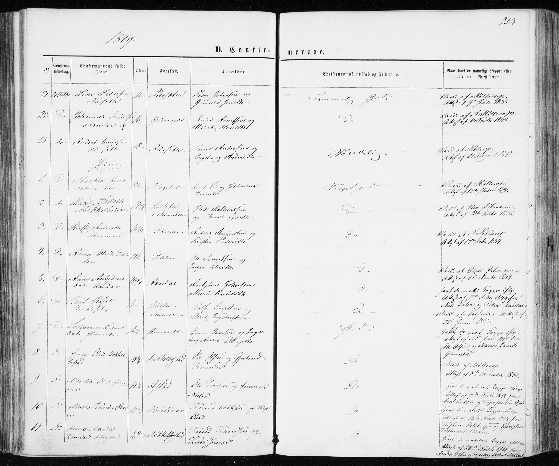 Ministerialprotokoller, klokkerbøker og fødselsregistre - Møre og Romsdal, AV/SAT-A-1454/586/L0984: Parish register (official) no. 586A10, 1844-1856, p. 263