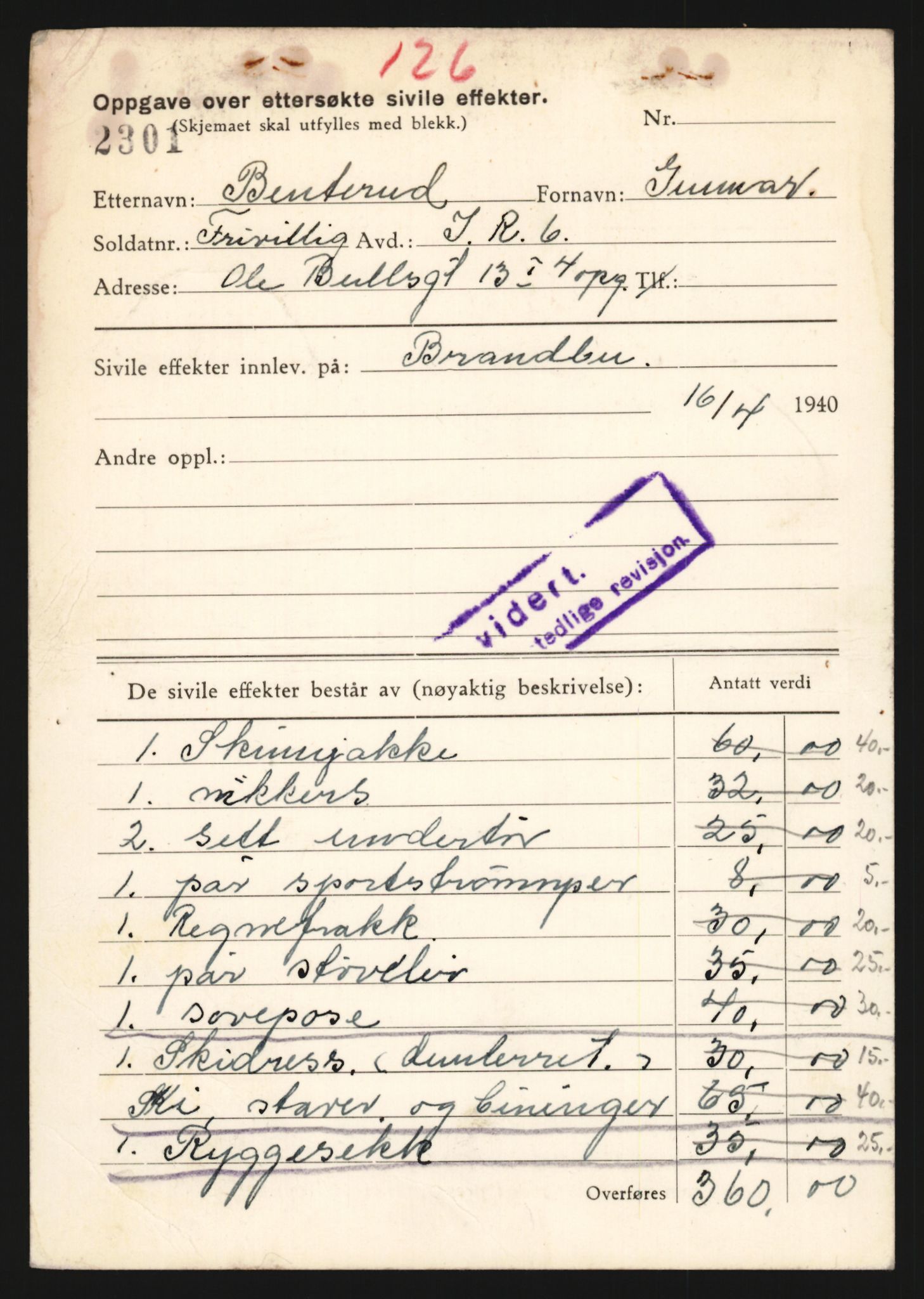 Justisdepartementet, Oppgjørsavdelingen, AV/RA-S-1056/G/Gb/L0006: Oppgaver over ettersøkte sivile effekter.Bentehaugen, Ole - Bergmo, Thor, 1940-1942, p. 5