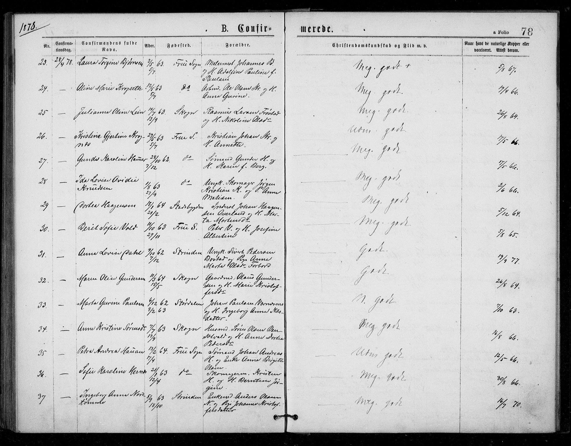 Ministerialprotokoller, klokkerbøker og fødselsregistre - Sør-Trøndelag, AV/SAT-A-1456/602/L0121: Parish register (official) no. 602A19, 1872-1879, p. 78