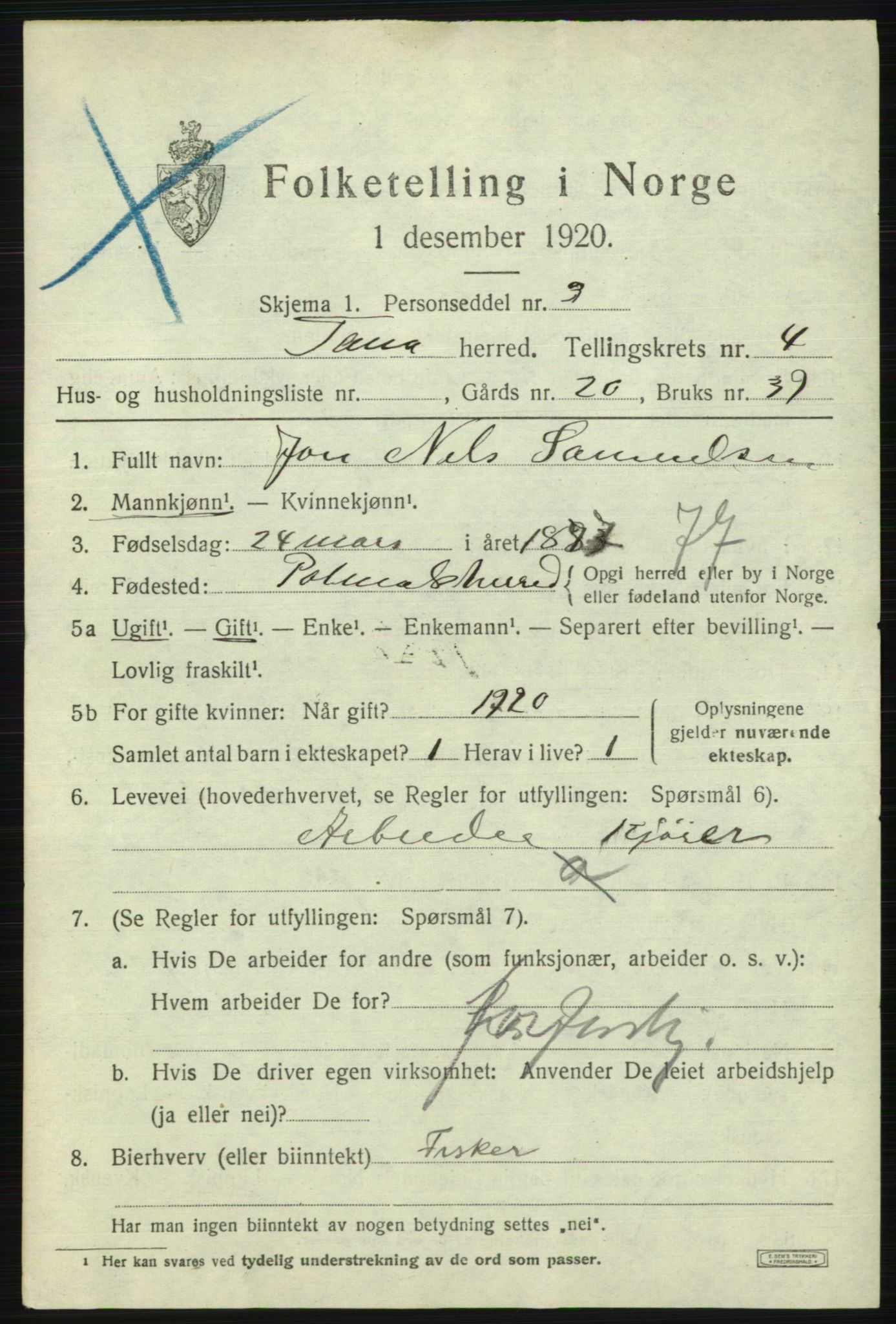 SATØ, 1920 census for Tana, 1920, p. 3026