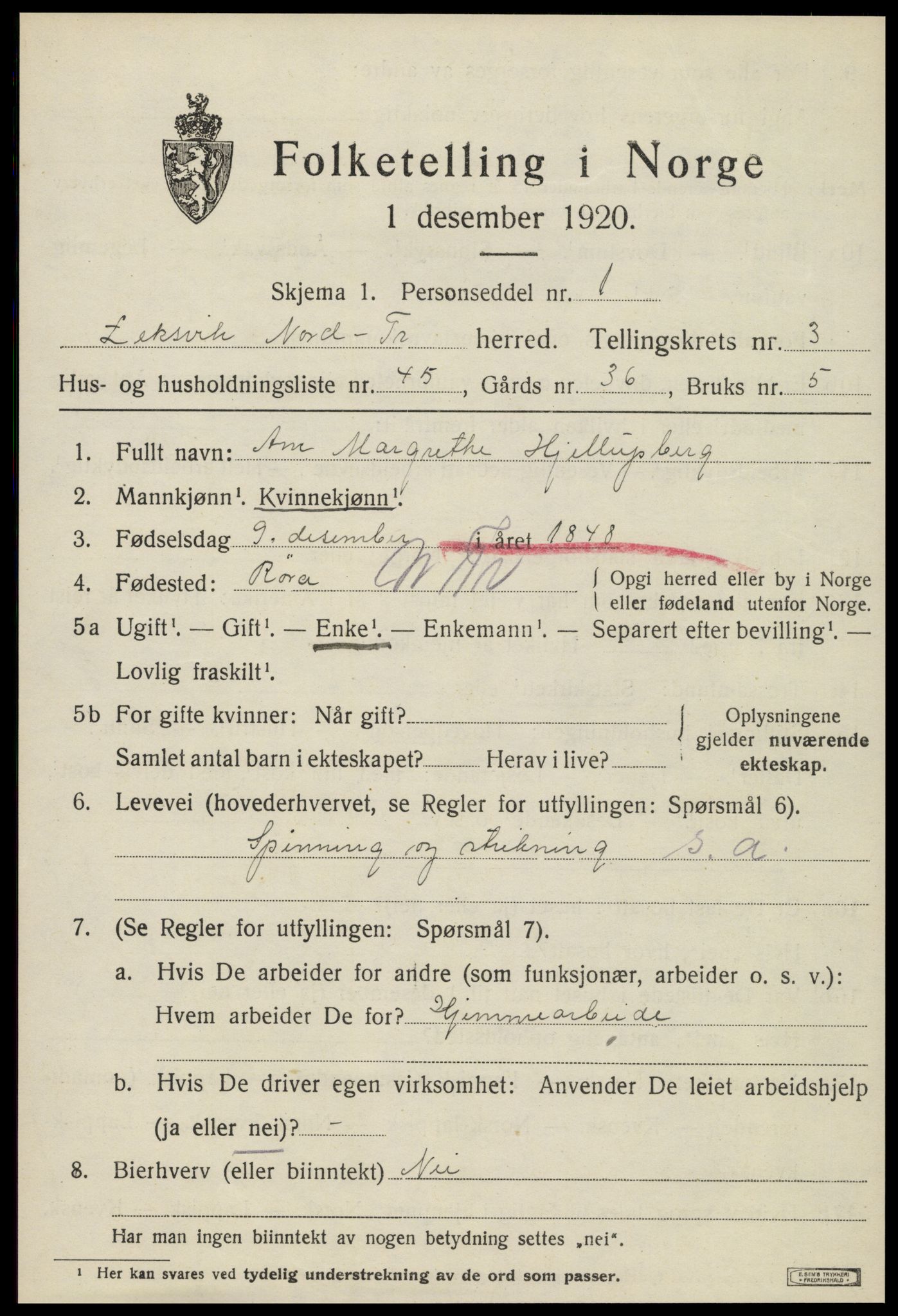 SAT, 1920 census for Leksvik, 1920, p. 3384