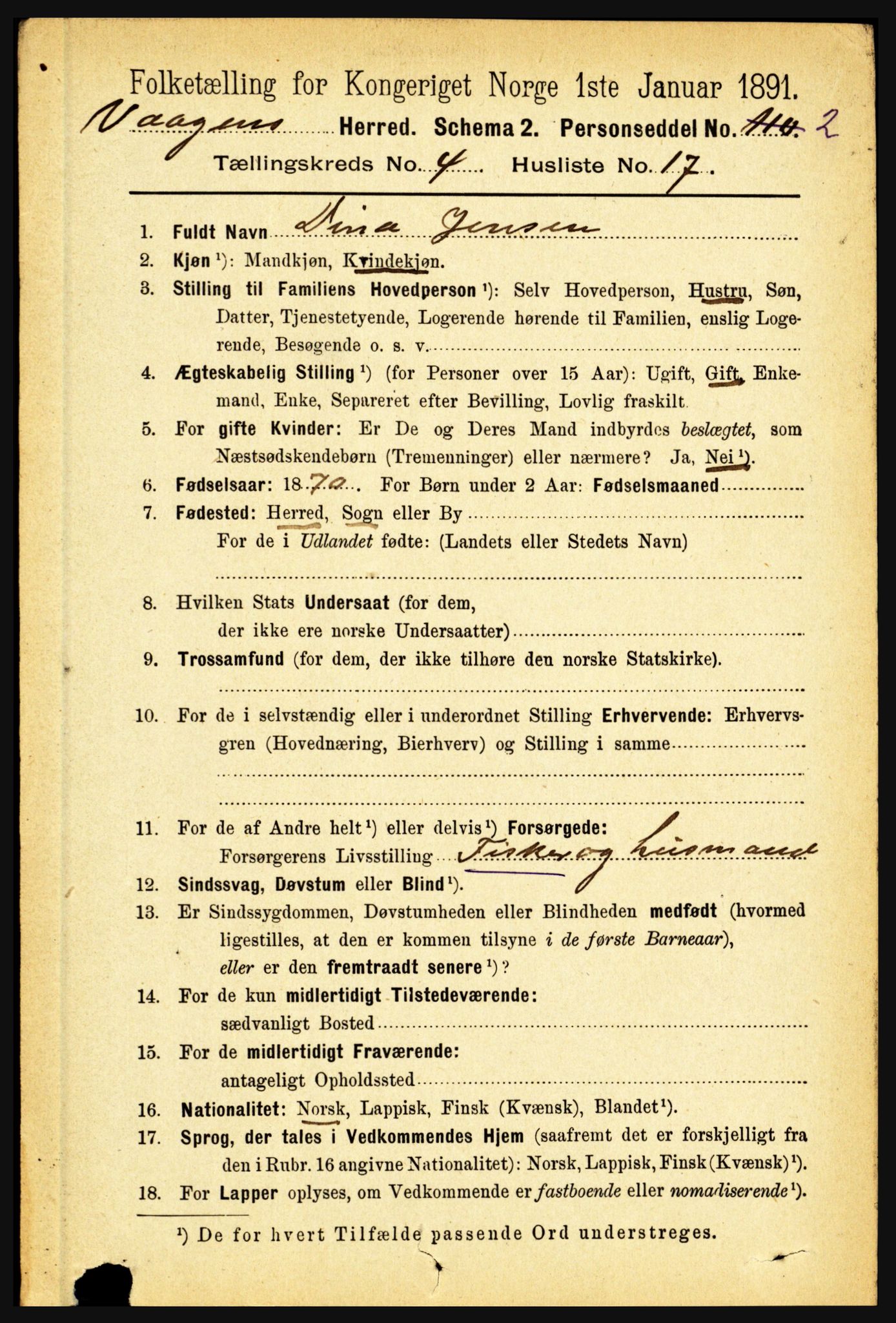 RA, 1891 census for 1865 Vågan, 1891, p. 1046