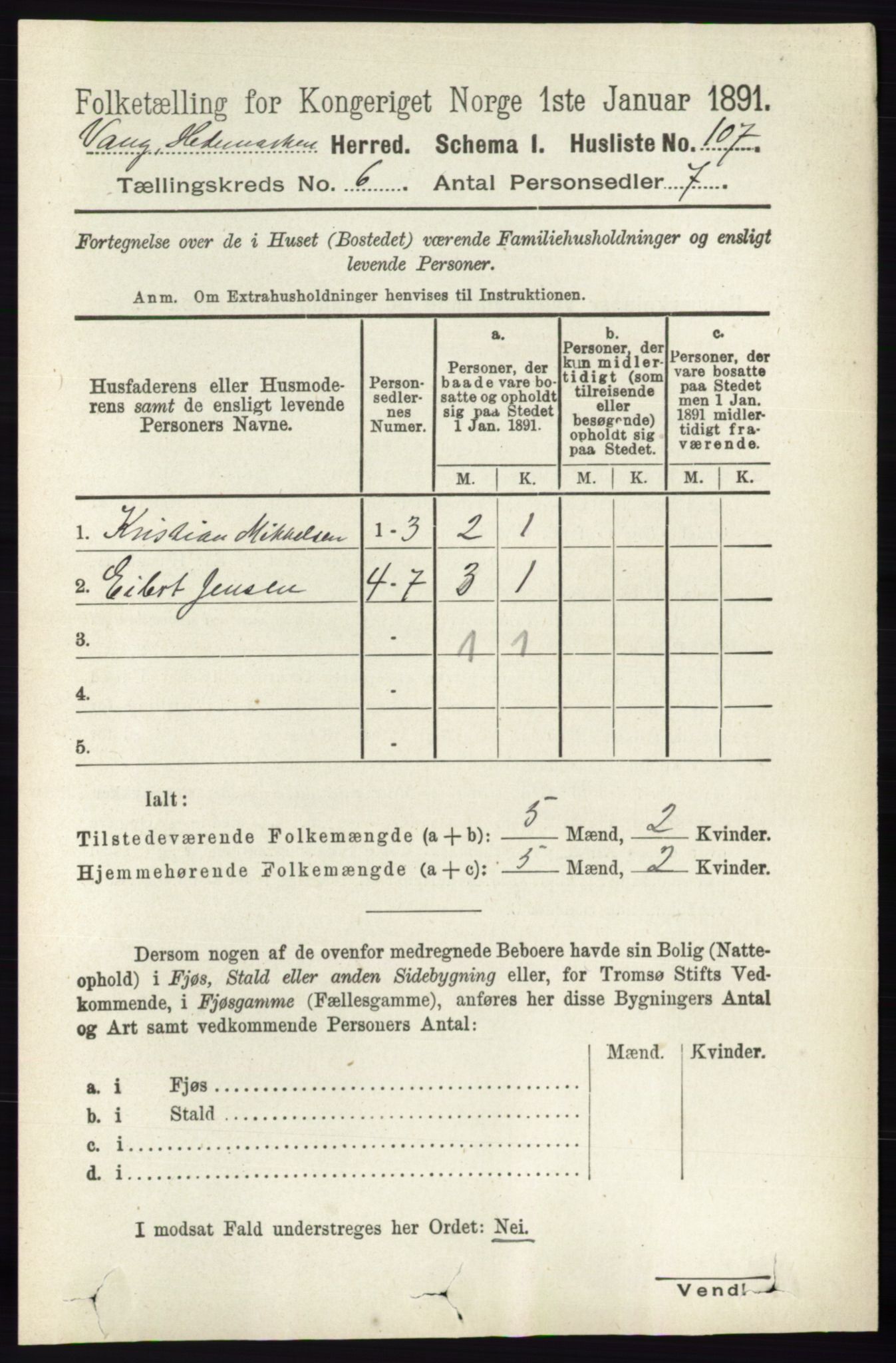 RA, 1891 census for 0414 Vang, 1891, p. 4276