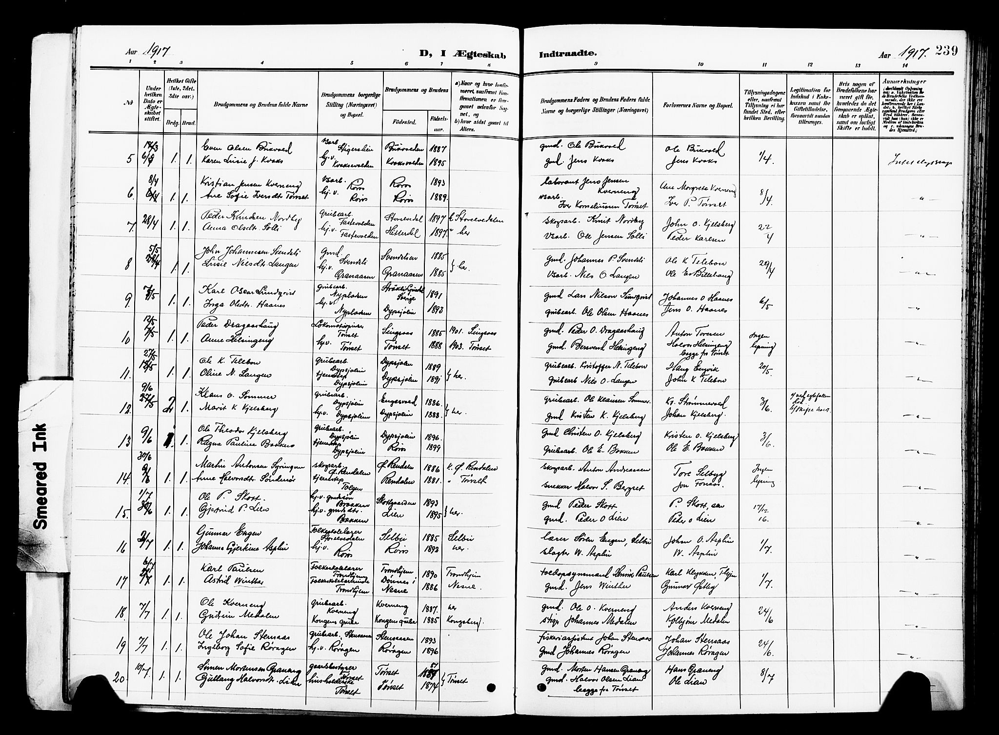Ministerialprotokoller, klokkerbøker og fødselsregistre - Sør-Trøndelag, SAT/A-1456/681/L0942: Parish register (copy) no. 681C06, 1906-1925, p. 239