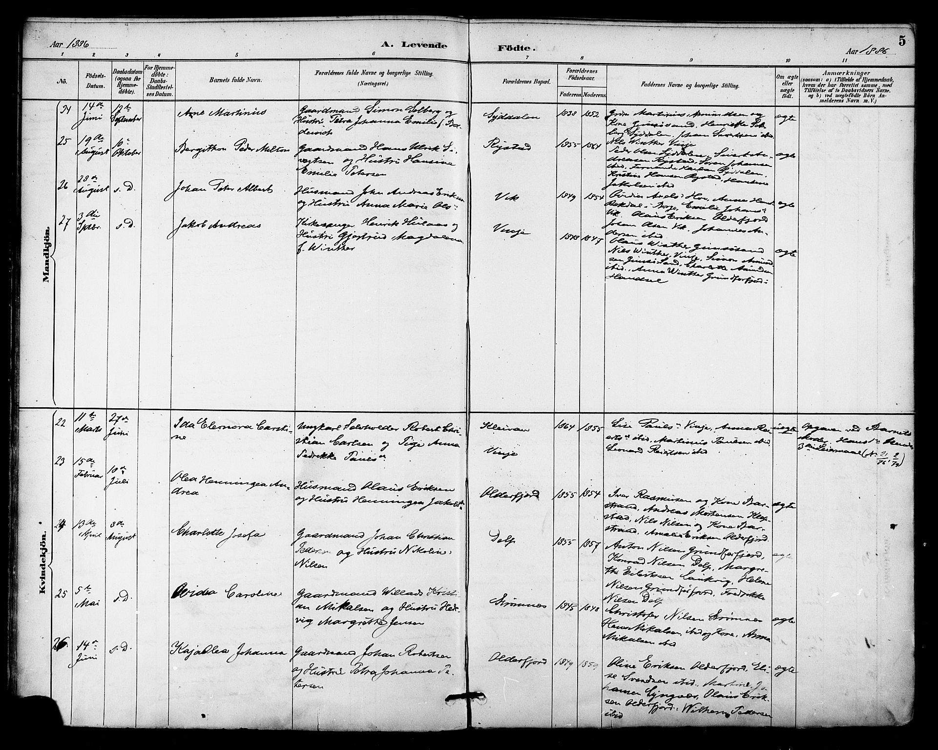 Ministerialprotokoller, klokkerbøker og fødselsregistre - Nordland, AV/SAT-A-1459/876/L1097: Parish register (official) no. 876A03, 1886-1896, p. 5