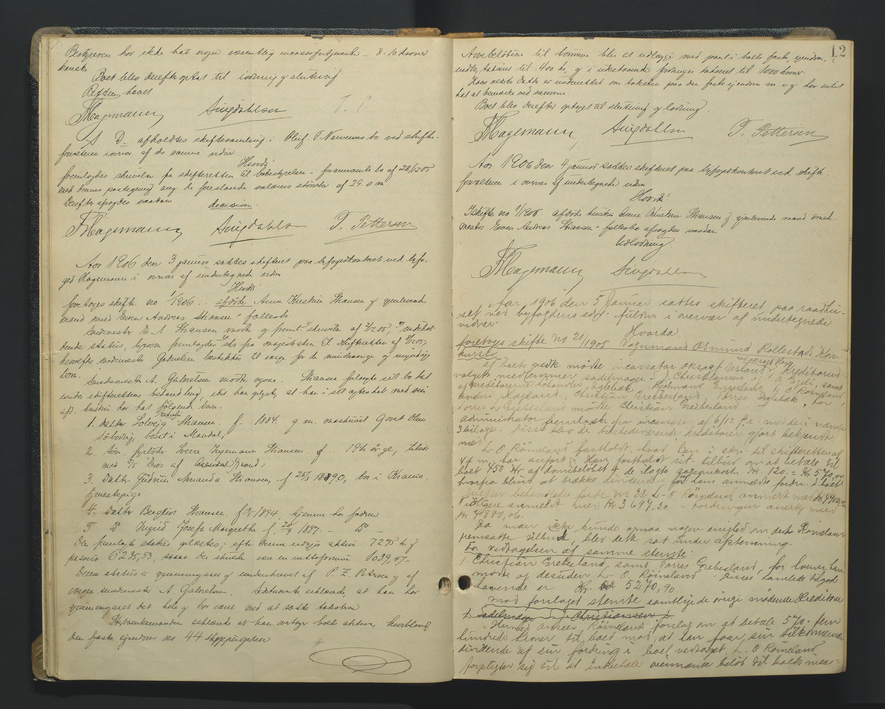 Kristiansand byrett, AV/SAK-1223-0001/H/Hc/L0048: Skifteforhandlingsprotokoll nr. 8, med register, 1905-1913, p. 12