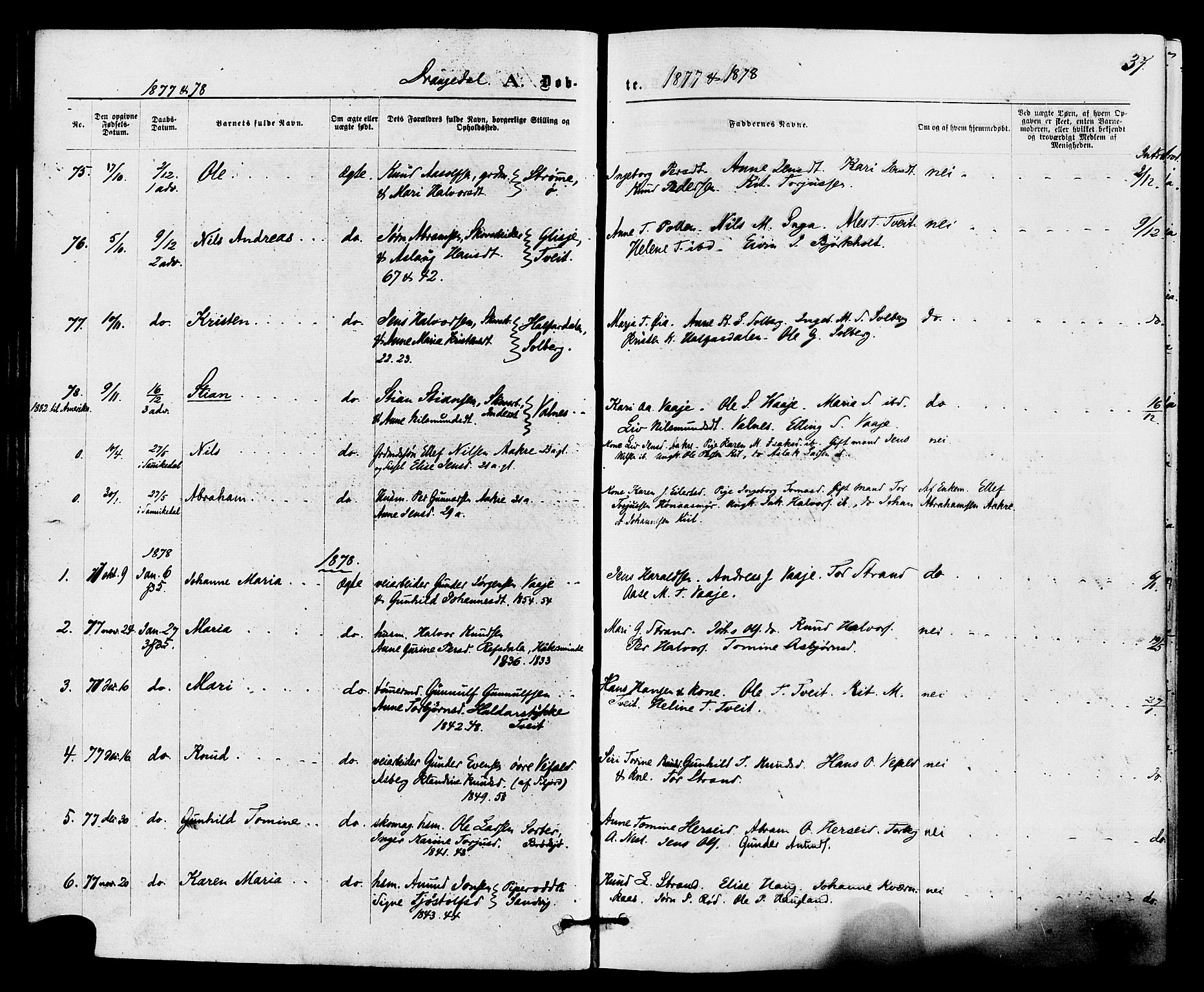 Drangedal kirkebøker, SAKO/A-258/F/Fa/L0009: Parish register (official) no. 9 /1, 1872-1884, p. 37