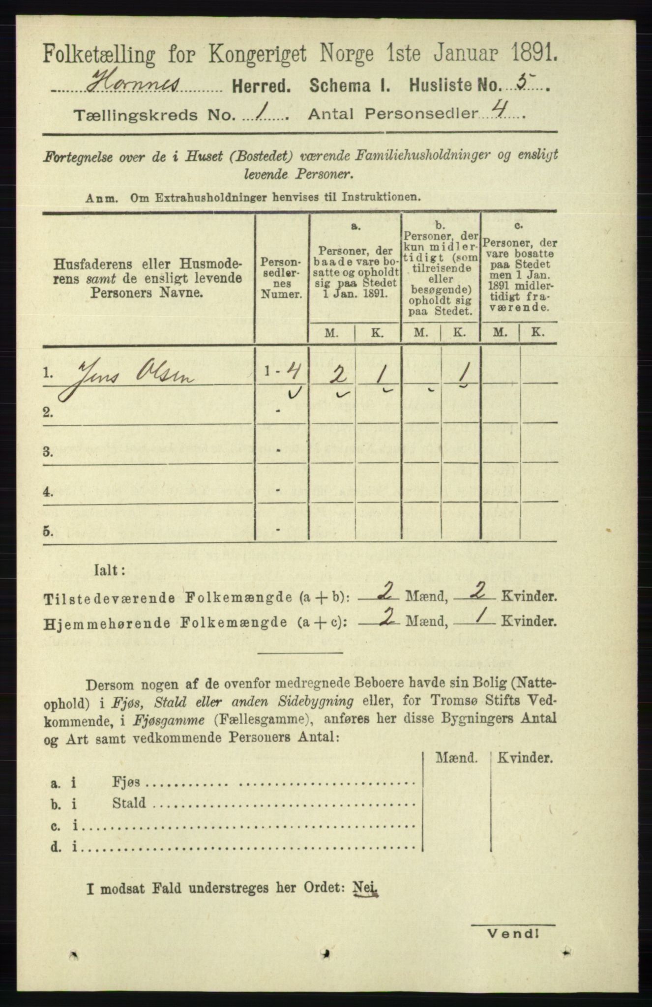 RA, 1891 census for 0936 Hornnes, 1891, p. 20