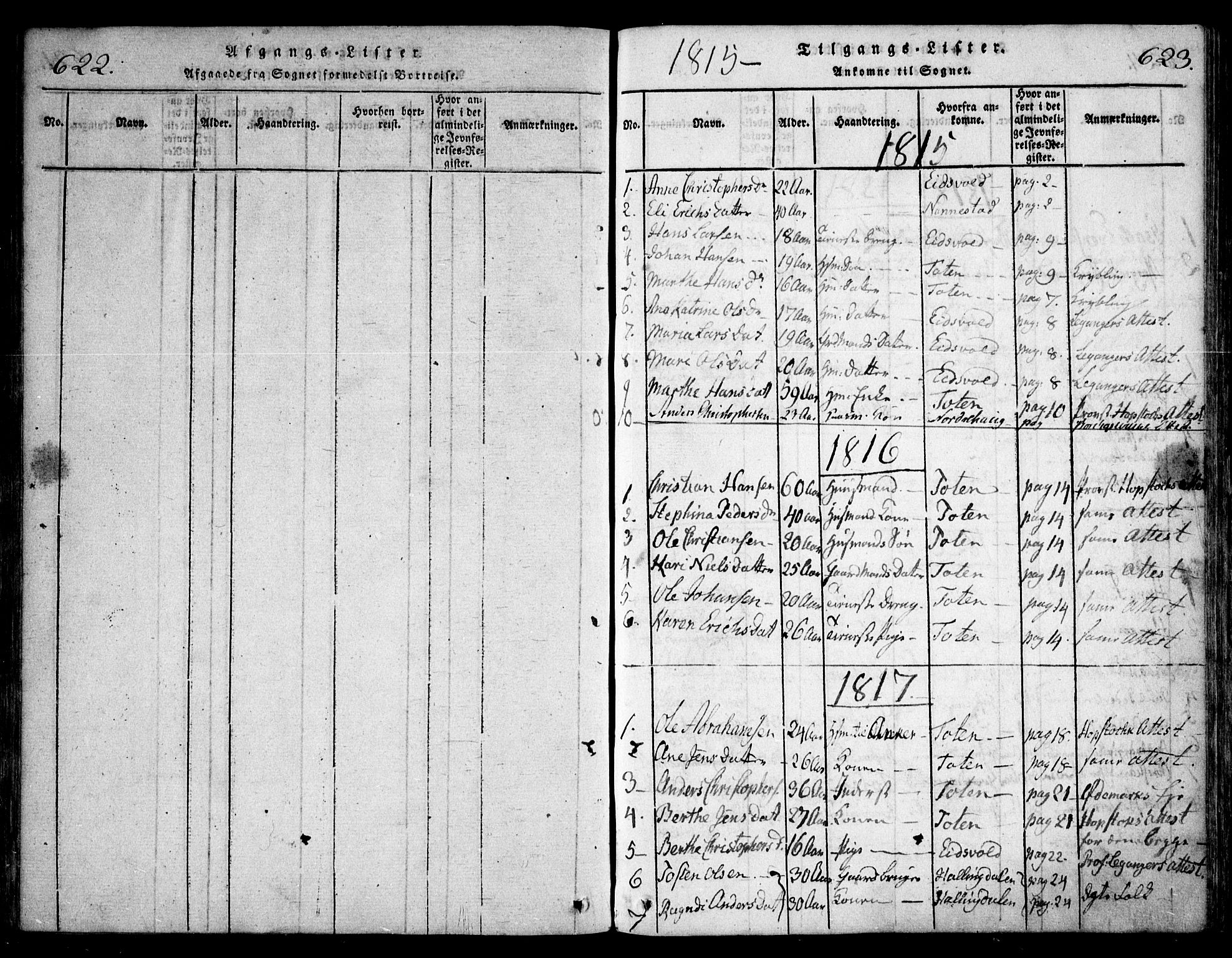 Hurdal prestekontor Kirkebøker, SAO/A-10889/F/Fa/L0003: Parish register (official) no. I 3, 1815-1828, p. 622-623