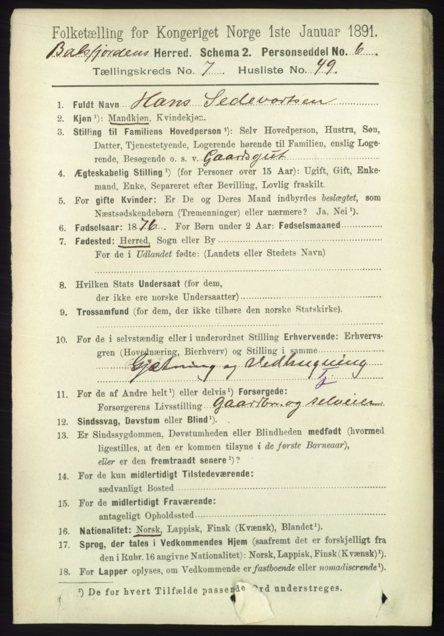 RA, 1891 census for 1933 Balsfjord, 1891, p. 2365