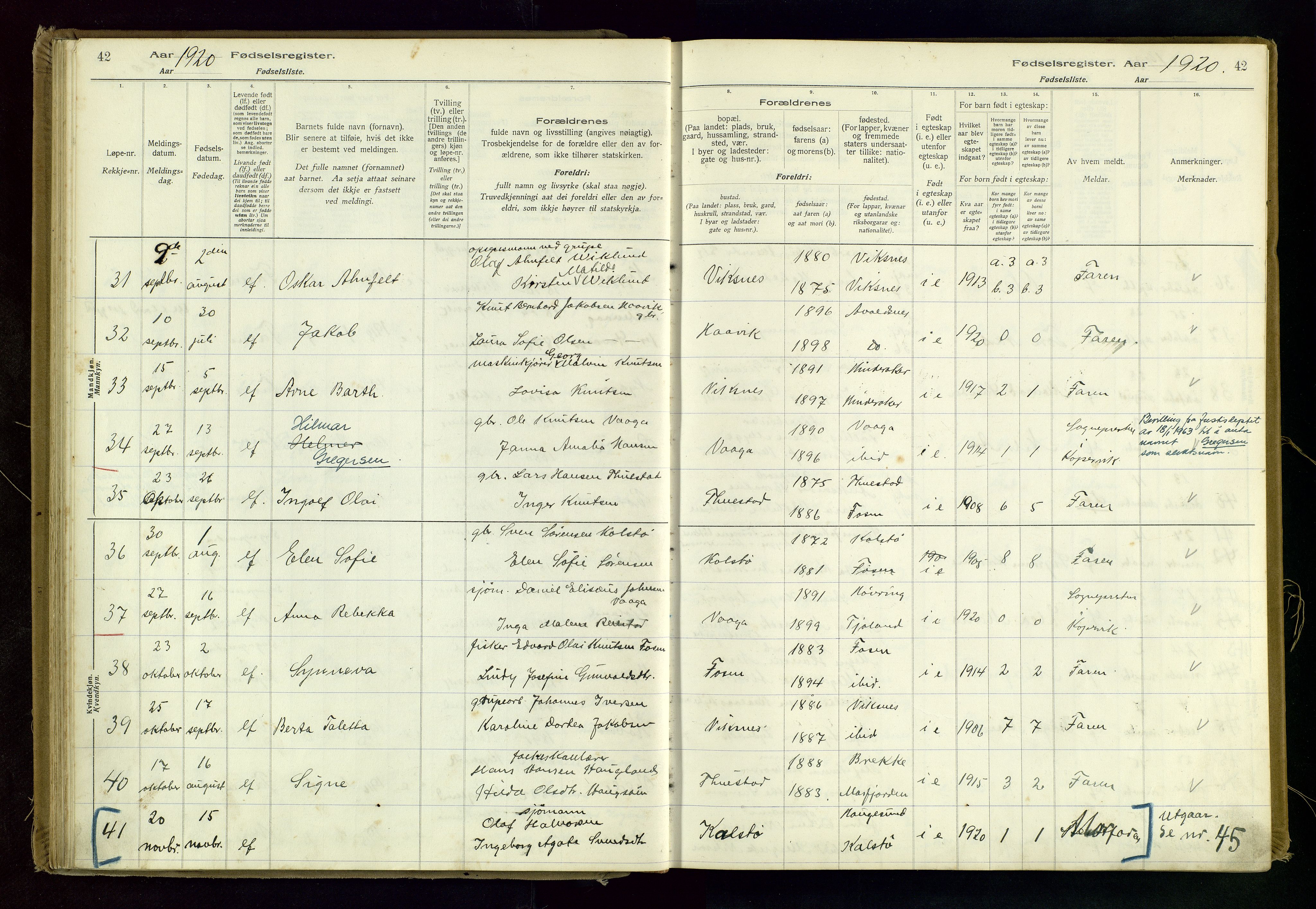 Avaldsnes sokneprestkontor, AV/SAST-A -101851/I/Id/L0001: Birth register no. 1, 1916-1946, p. 42