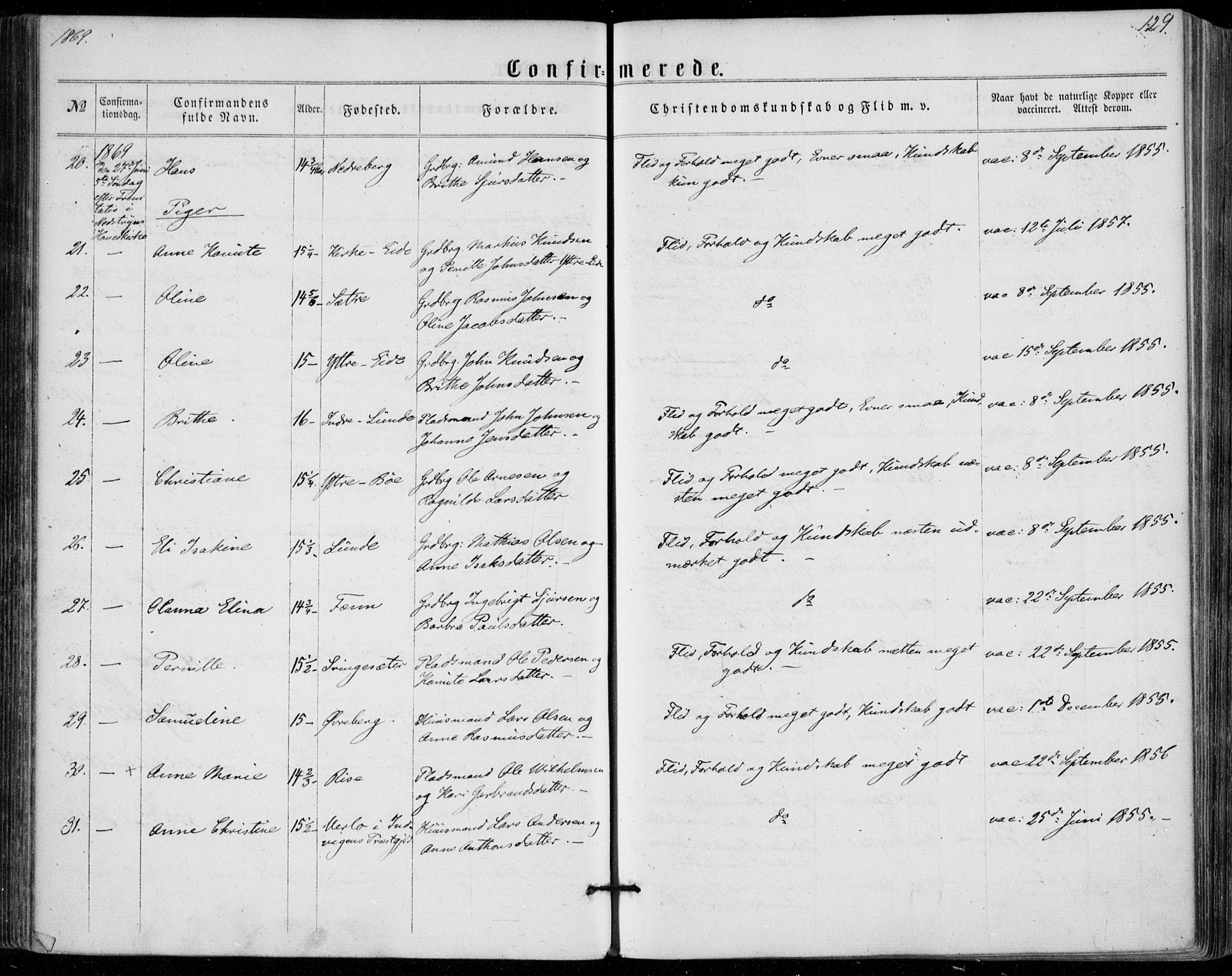 Stryn Sokneprestembete, SAB/A-82501: Parish register (official) no. A 3, 1862-1877, p. 129