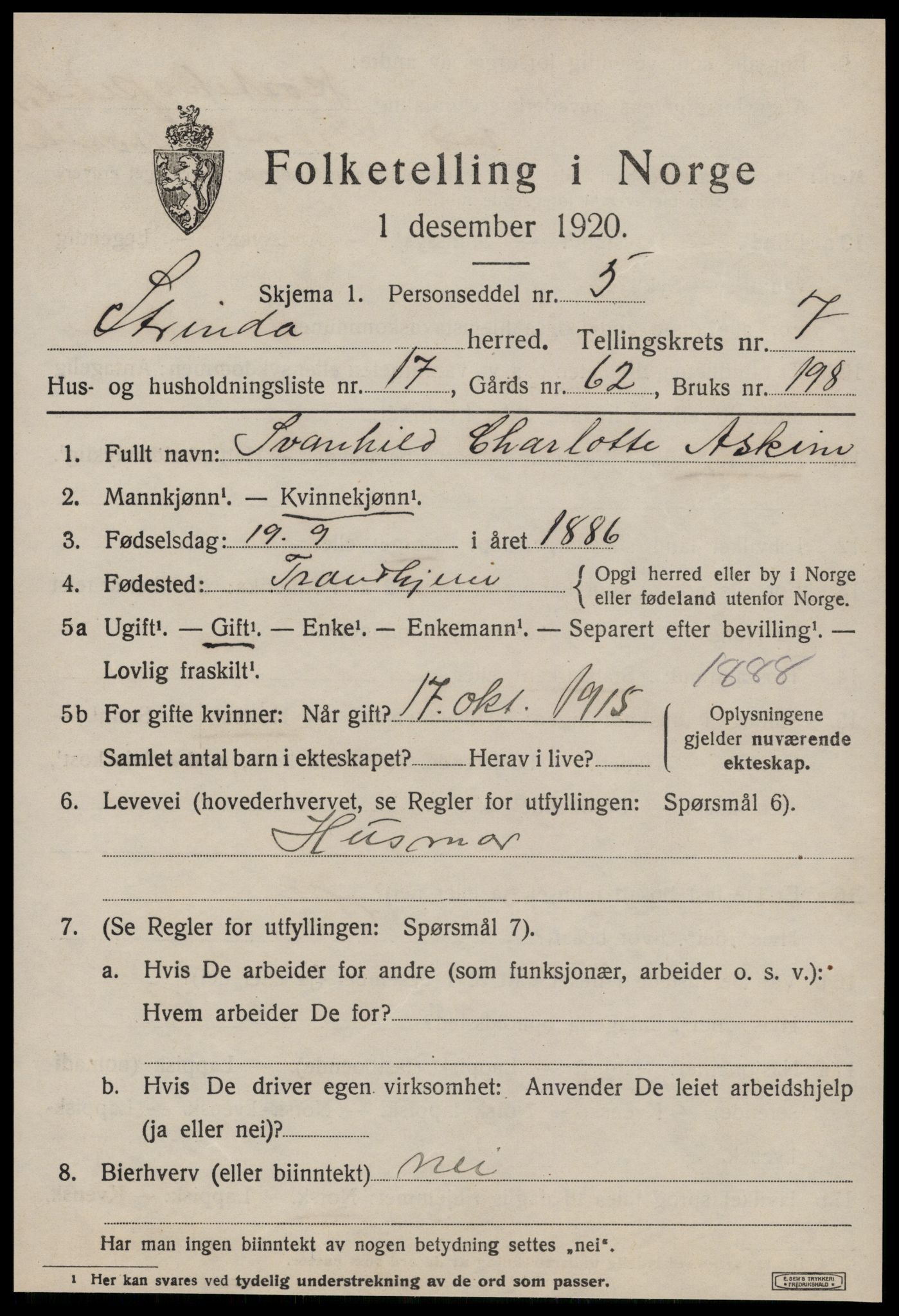 SAT, 1920 census for Strinda, 1920, p. 17378