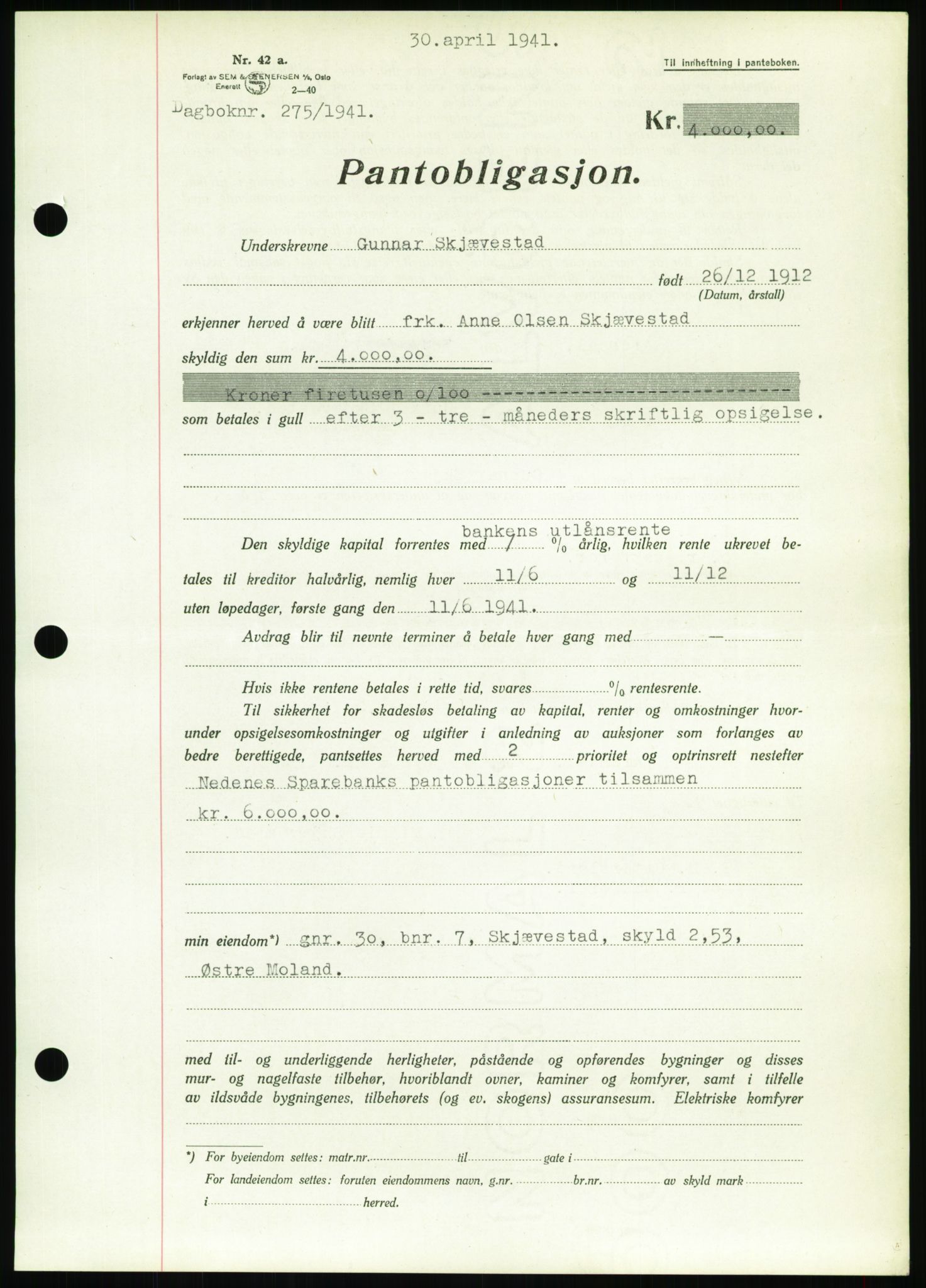 Nedenes sorenskriveri, AV/SAK-1221-0006/G/Gb/Gbb/L0001: Mortgage book no. I, 1939-1942, Diary no: : 275/1941