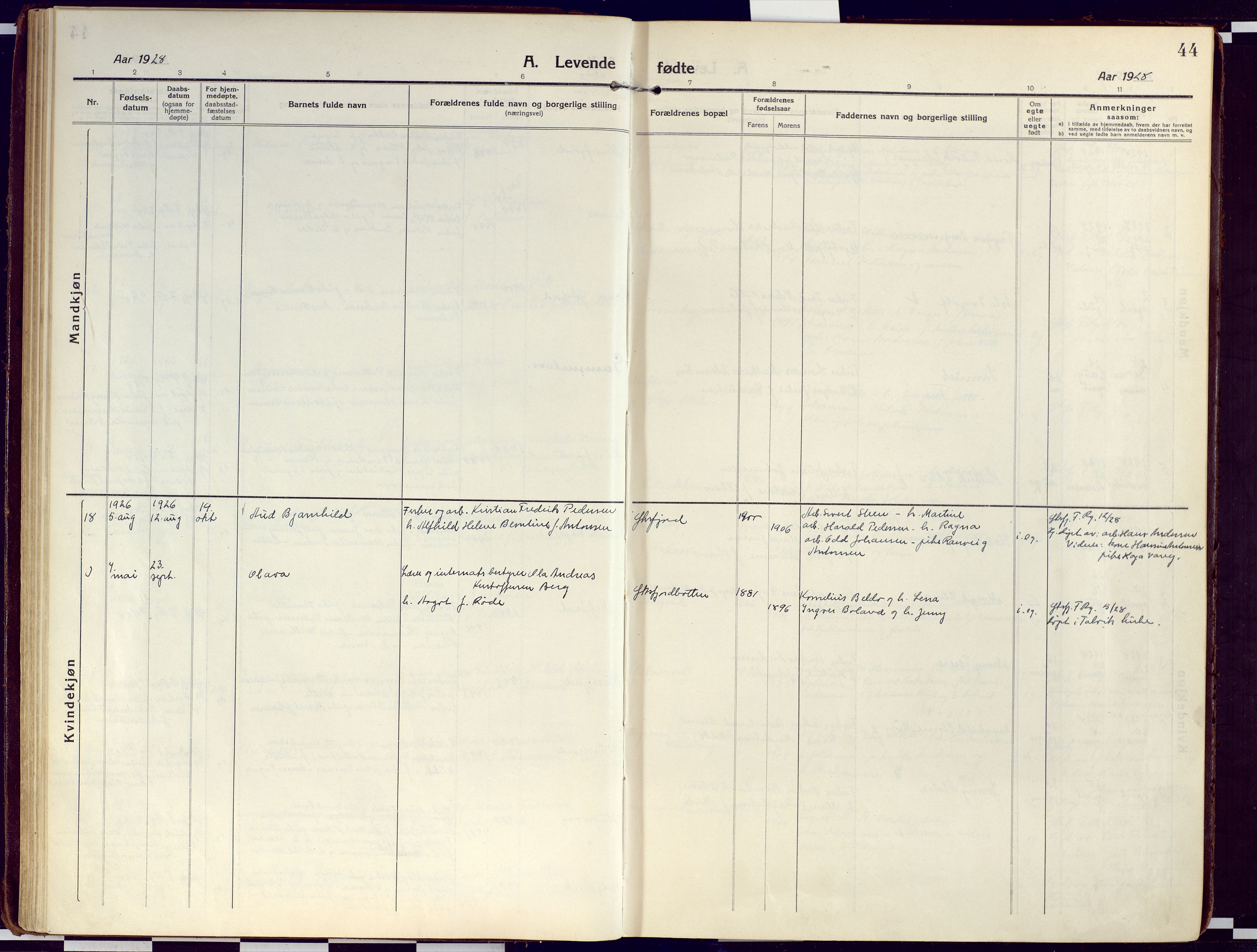 Loppa sokneprestkontor, AV/SATØ-S-1339/H/Ha/L0012kirke: Parish register (official) no. 12, 1917-1932, p. 44