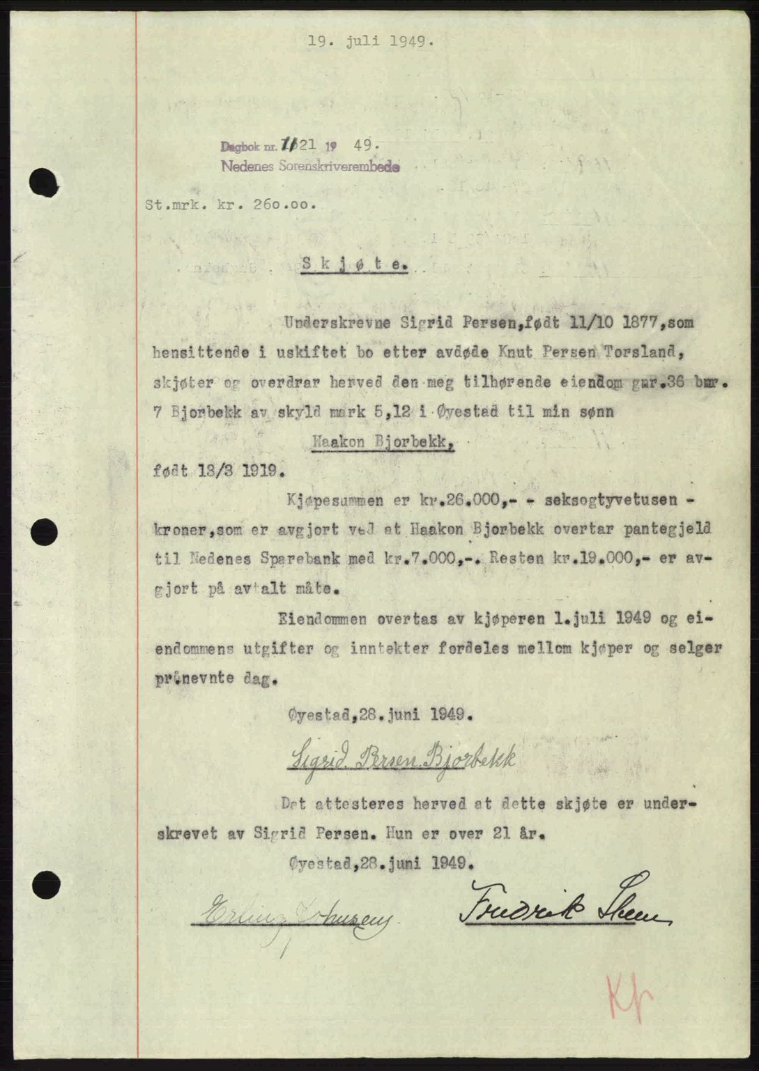 Nedenes sorenskriveri, SAK/1221-0006/G/Gb/Gba/L0061: Mortgage book no. A13, 1949-1949, Diary no: : 1121/1949