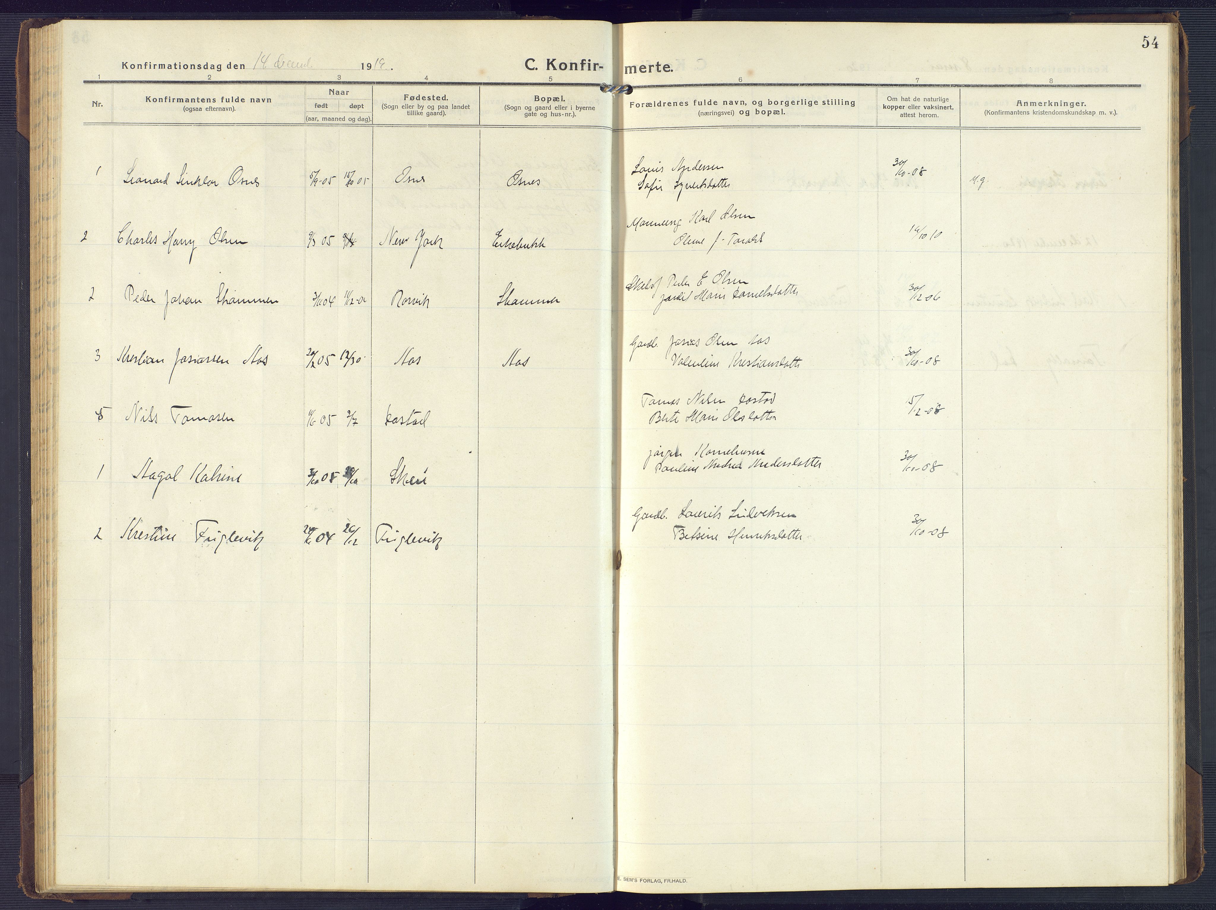 Mandal sokneprestkontor, SAK/1111-0030/F/Fb/Fbb/L0005: Parish register (copy) no. B 5, 1913-1957, p. 54