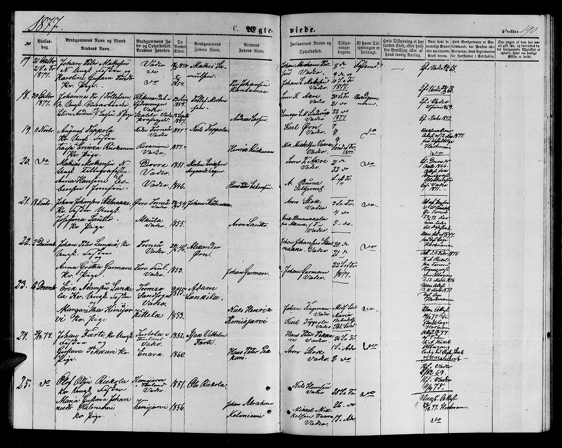 Vadsø sokneprestkontor, AV/SATØ-S-1325/H/Hb/L0002klokker: Parish register (copy) no. 2, 1875-1884, p. 190