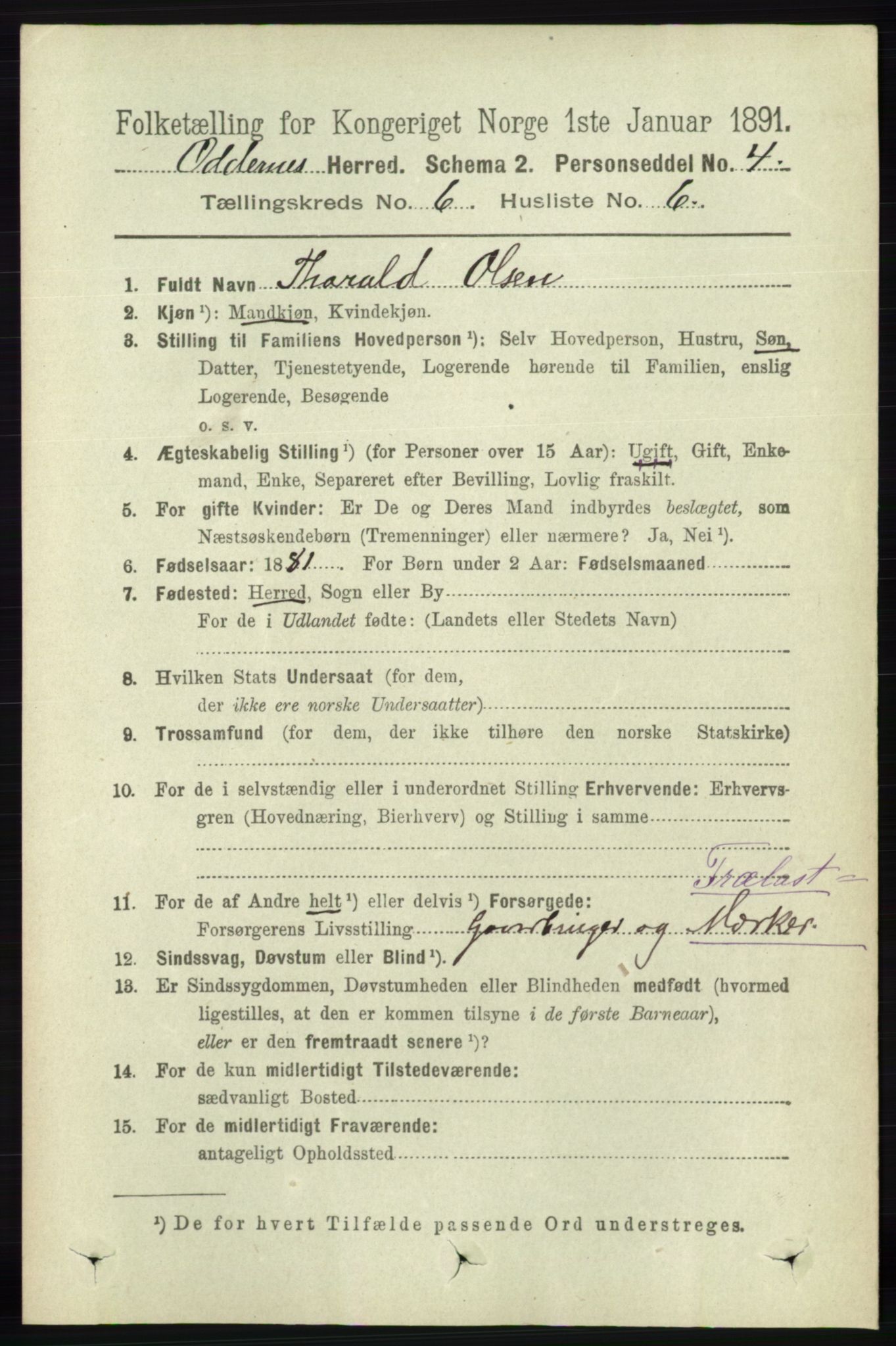 RA, 1891 census for 1012 Oddernes, 1891, p. 2224