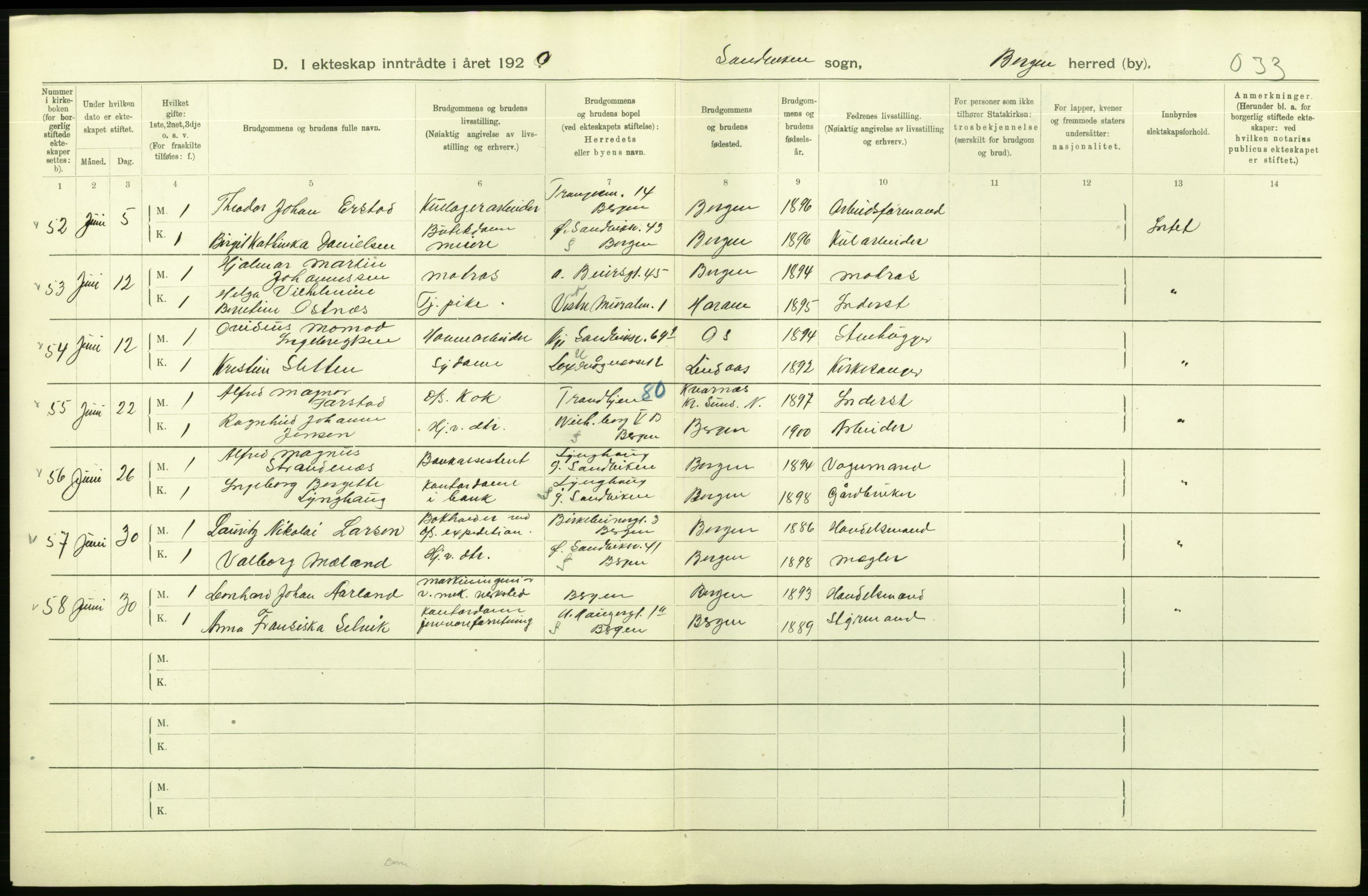 Statistisk sentralbyrå, Sosiodemografiske emner, Befolkning, AV/RA-S-2228/D/Df/Dfb/Dfbj/L0042: Bergen: Gifte, døde, dødfødte., 1920, p. 74