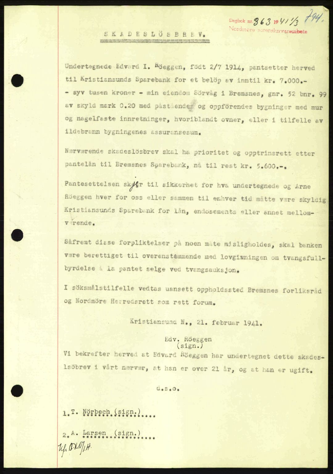 Nordmøre sorenskriveri, AV/SAT-A-4132/1/2/2Ca: Mortgage book no. B87, 1940-1941, Diary no: : 363/1941