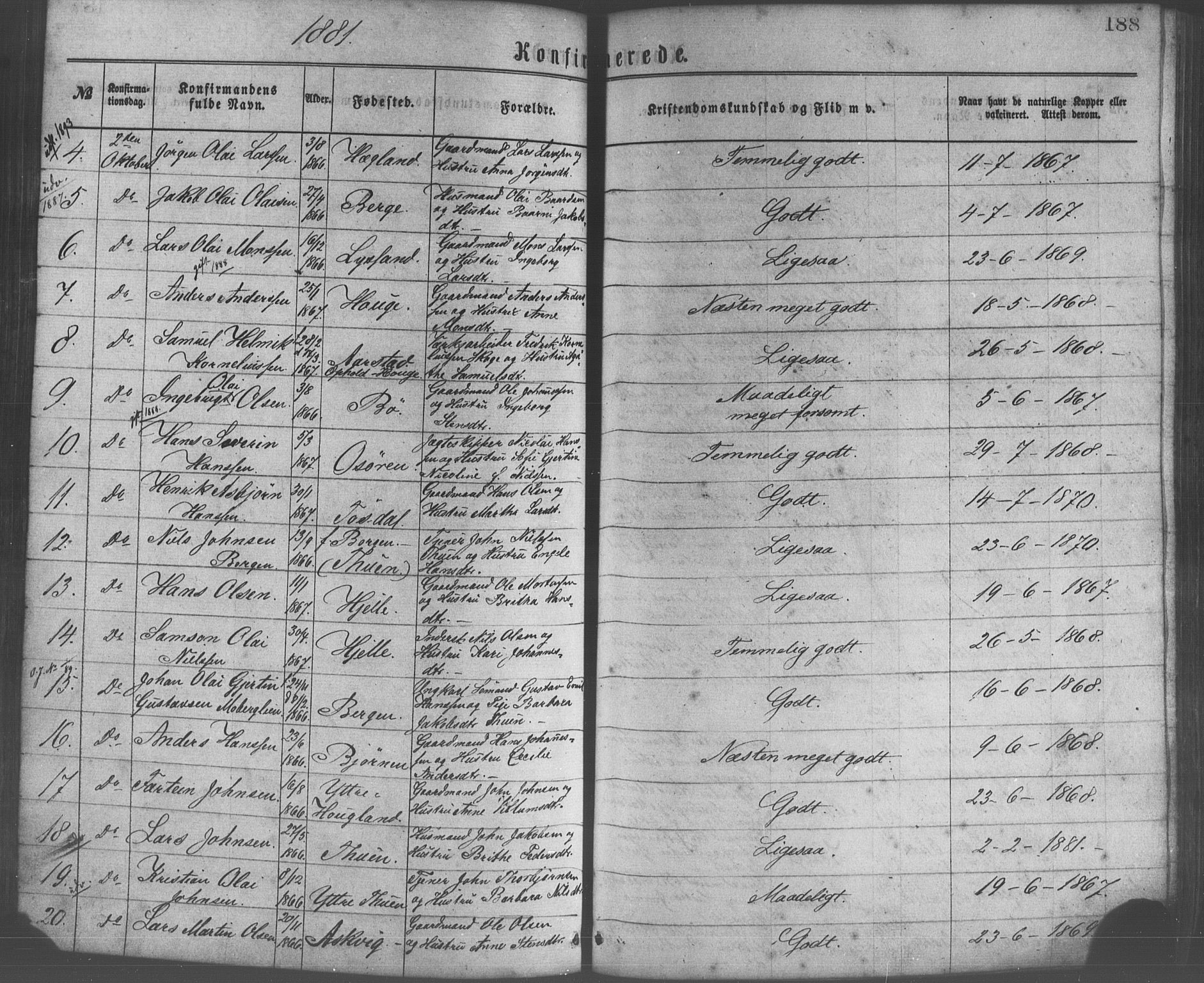 Os sokneprestembete, SAB/A-99929: Parish register (official) no. A 18, 1874-1884, p. 188
