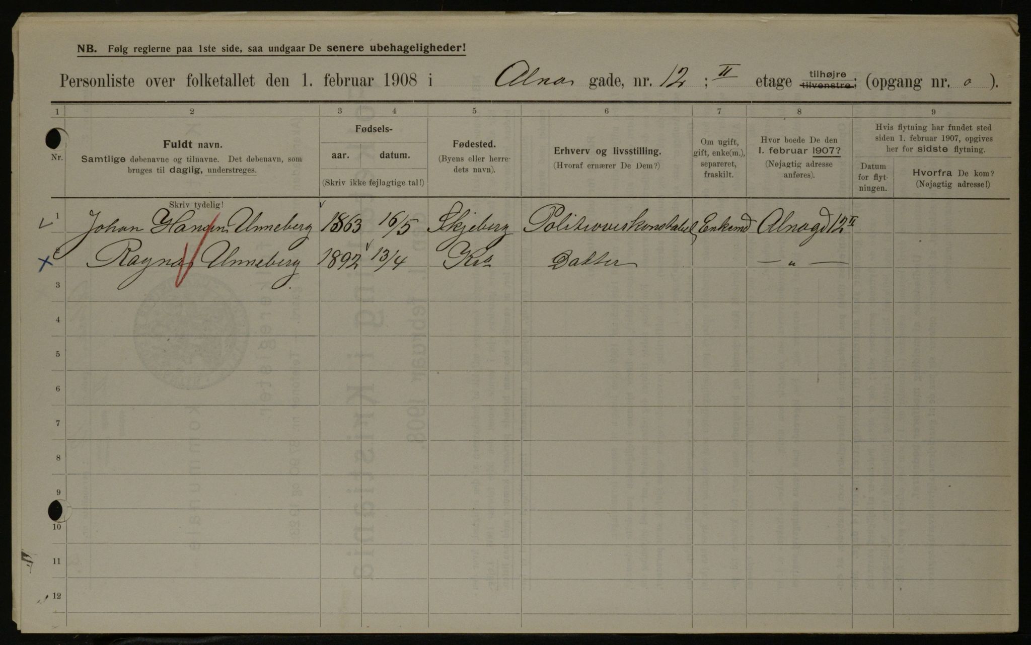 OBA, Municipal Census 1908 for Kristiania, 1908, p. 1416