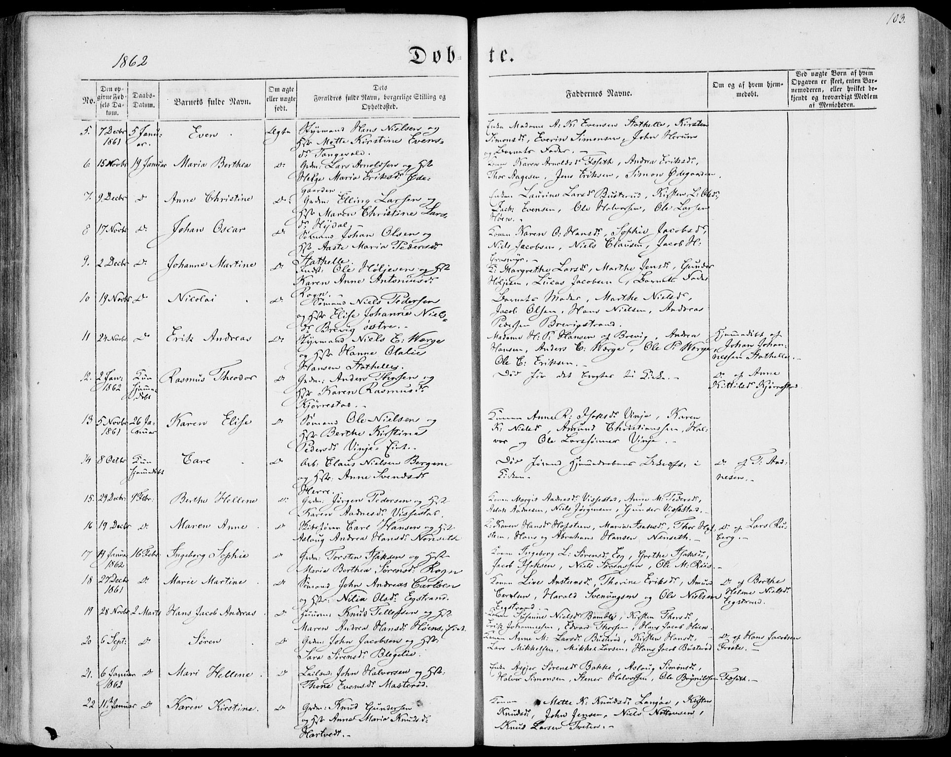 Bamble kirkebøker, AV/SAKO-A-253/F/Fa/L0005: Parish register (official) no. I 5, 1854-1869, p. 103